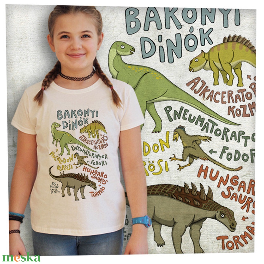 Bakonyi dínók - Jó minőségű karcsúsított lányka póló - ruha & divat - gyerekruha - póló - Meska.hu
