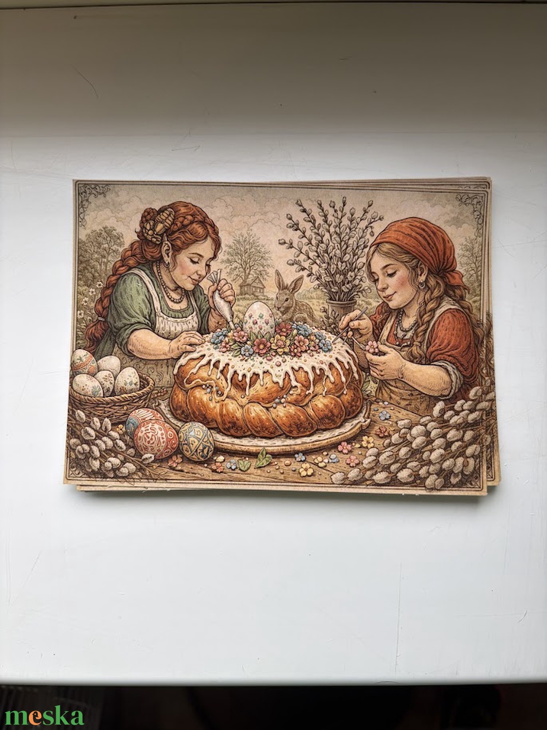 Képeslap - törpe asszonyok húsvéti kalácsot készítenek - otthon & életmód - papír, írószer - ajándékozás kellékei - képeslap, üdvözlőlap - Meska.hu