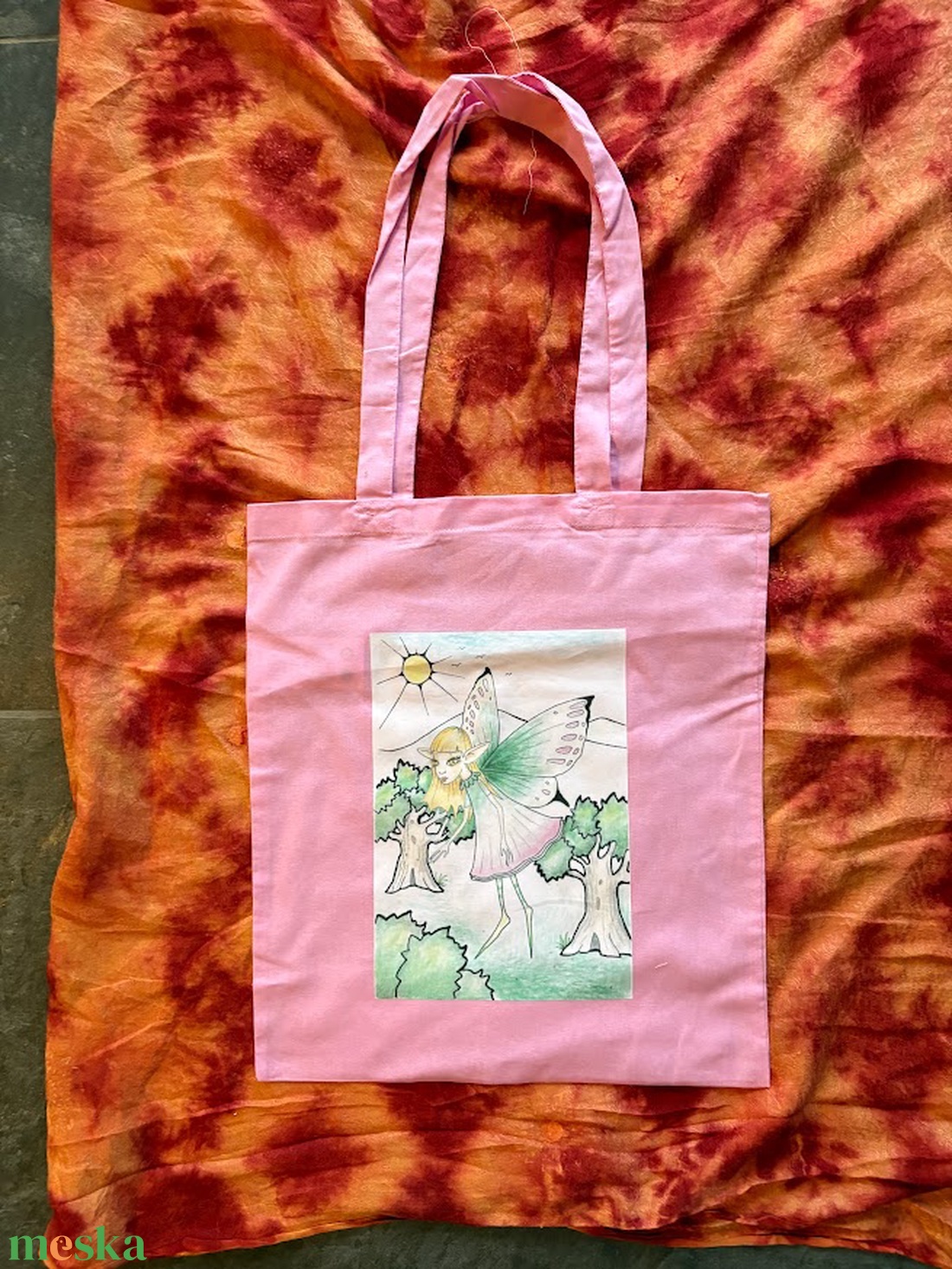 Rózsaszín vászonszatyor tündér grafikával - táska & tok - bevásárlás & shopper táska - shopper, textiltáska, szatyor - Meska.hu