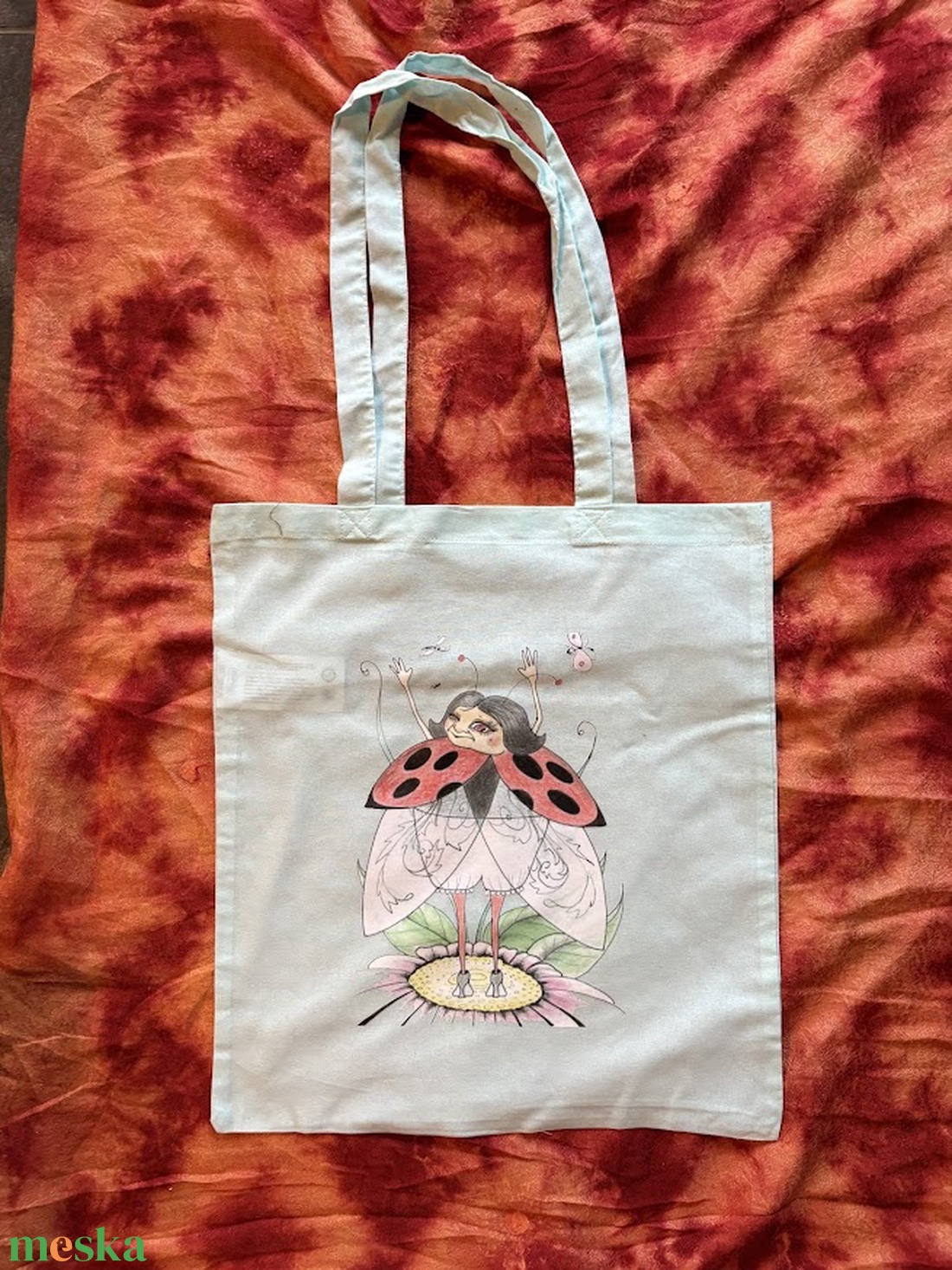 Fehér vászonszatyor katica mintával - táska & tok - bevásárlás & shopper táska - shopper, textiltáska, szatyor - Meska.hu