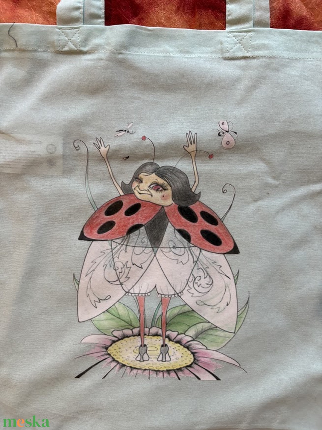 Fehér vászonszatyor katica mintával - táska & tok - bevásárlás & shopper táska - shopper, textiltáska, szatyor - Meska.hu