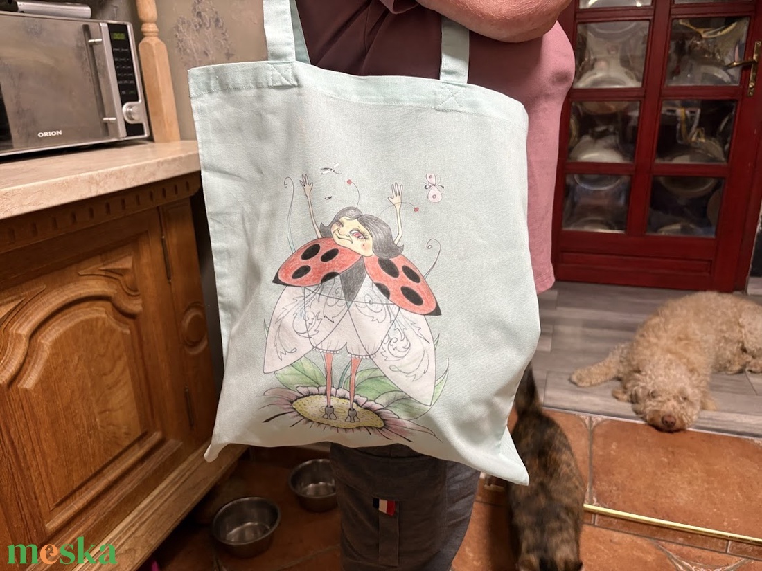 Fehér vászonszatyor katica mintával - táska & tok - bevásárlás & shopper táska - shopper, textiltáska, szatyor - Meska.hu