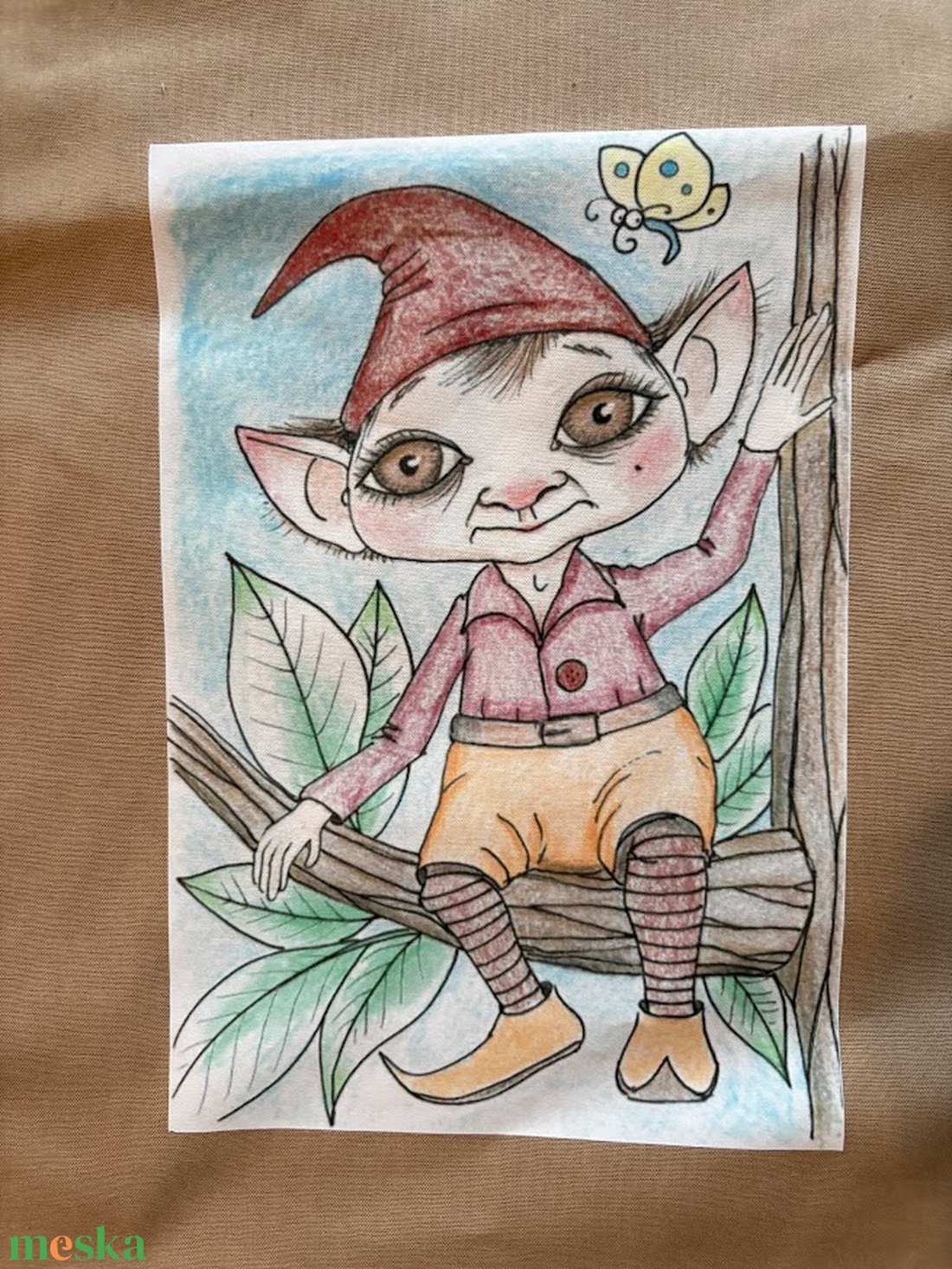 Drapp vászonszatyor kedves manó mintával - táska & tok - bevásárlás & shopper táska - shopper, textiltáska, szatyor - Meska.hu