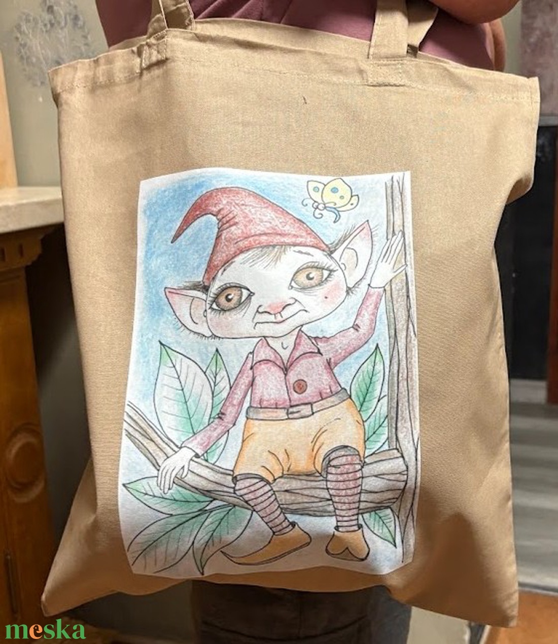 Drapp vászonszatyor kedves manó mintával - táska & tok - bevásárlás & shopper táska - shopper, textiltáska, szatyor - Meska.hu