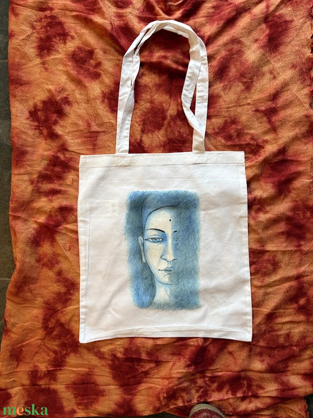 Fehér vászonszatyor kék Buddha mintával - táska & tok - bevásárlás & shopper táska - shopper, textiltáska, szatyor - Meska.hu