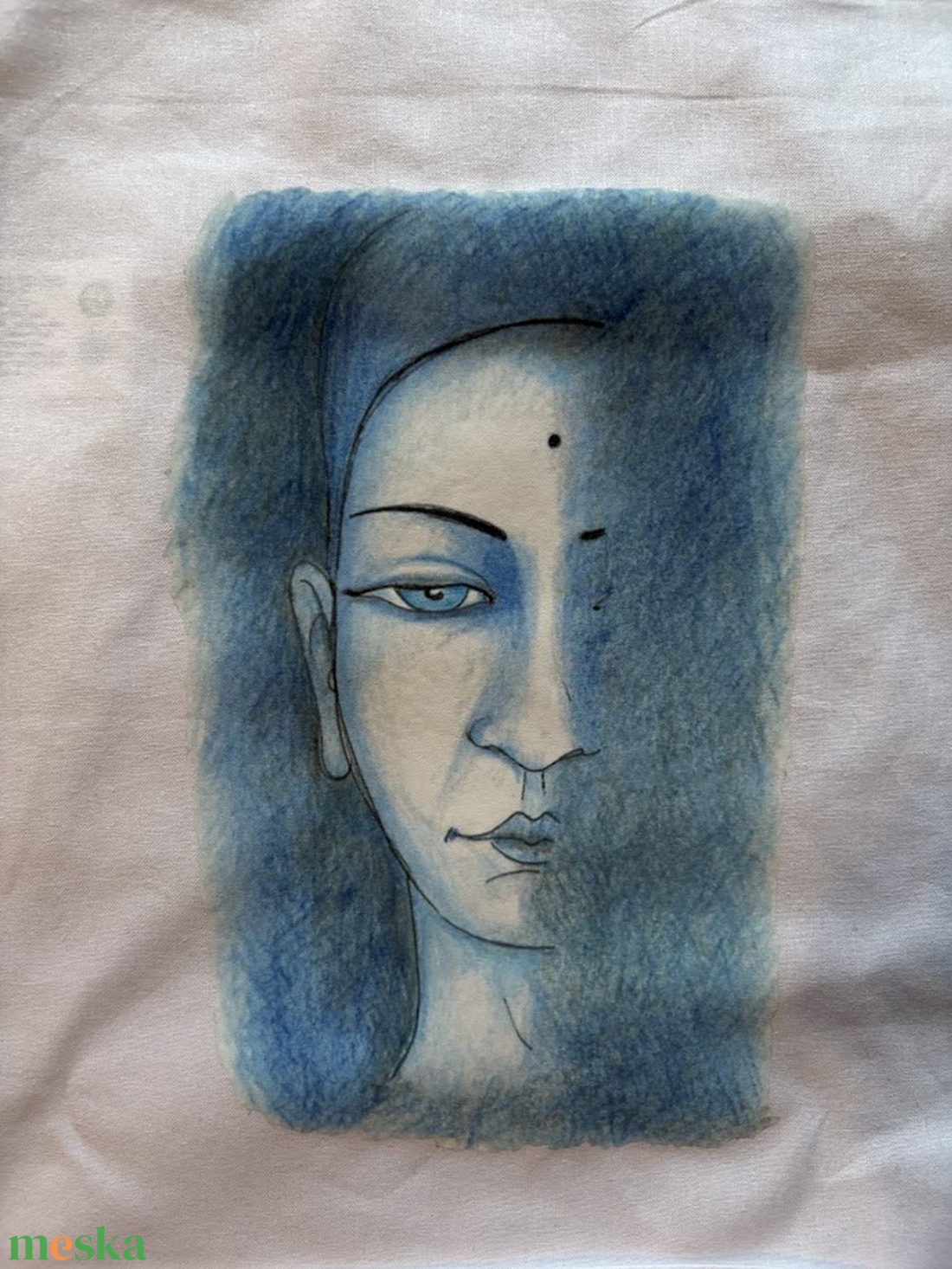 Fehér vászonszatyor kék Buddha mintával - táska & tok - bevásárlás & shopper táska - shopper, textiltáska, szatyor - Meska.hu