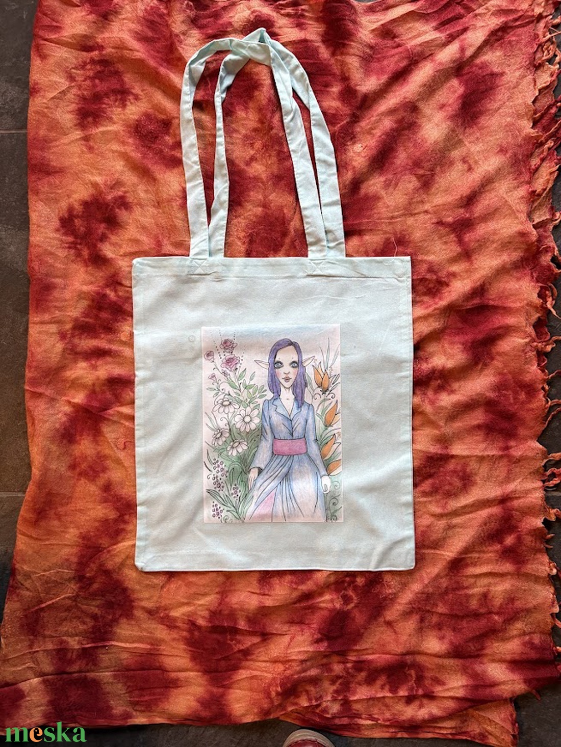 Világoszöld vászonszatyor entlány mintával - táska & tok - bevásárlás & shopper táska - shopper, textiltáska, szatyor - Meska.hu