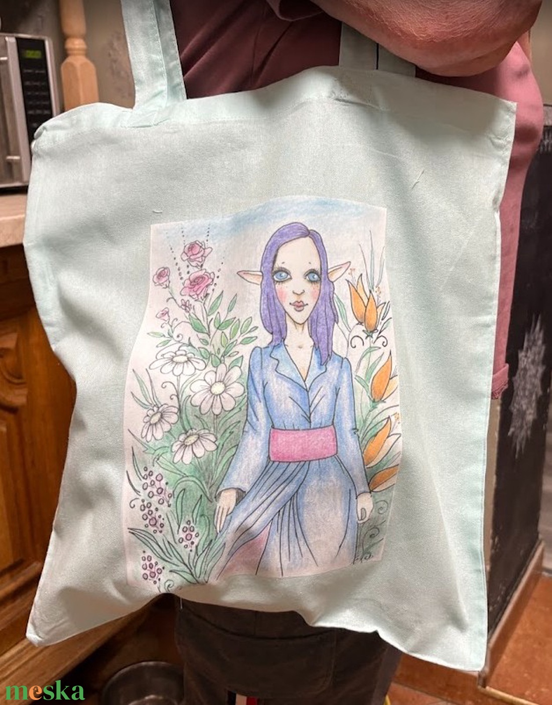 Világoszöld vászonszatyor entlány mintával - táska & tok - bevásárlás & shopper táska - shopper, textiltáska, szatyor - Meska.hu