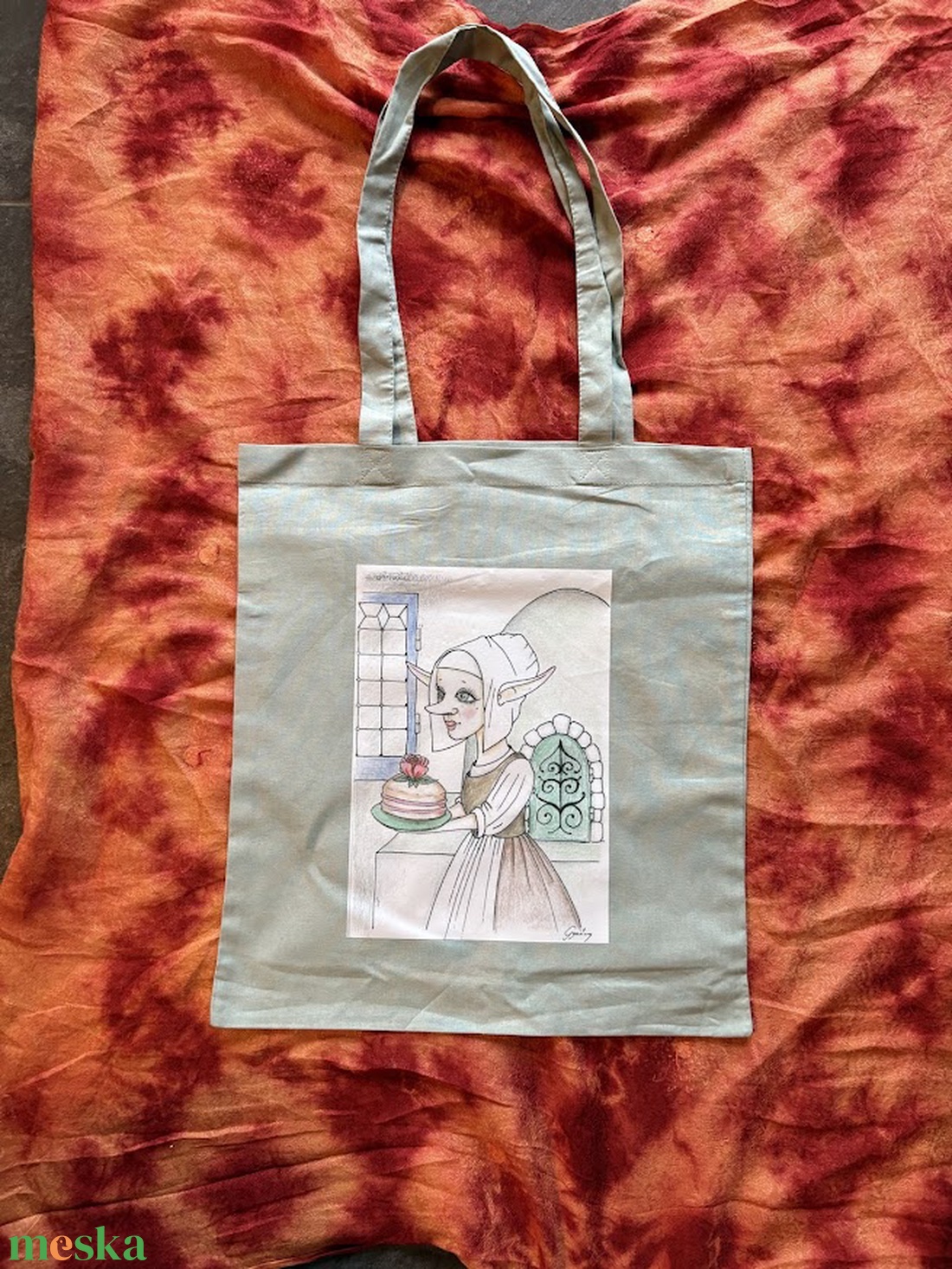 Khaki vászonszatyor németalföldi manólány mintával - táska & tok - bevásárlás & shopper táska - shopper, textiltáska, szatyor - Meska.hu