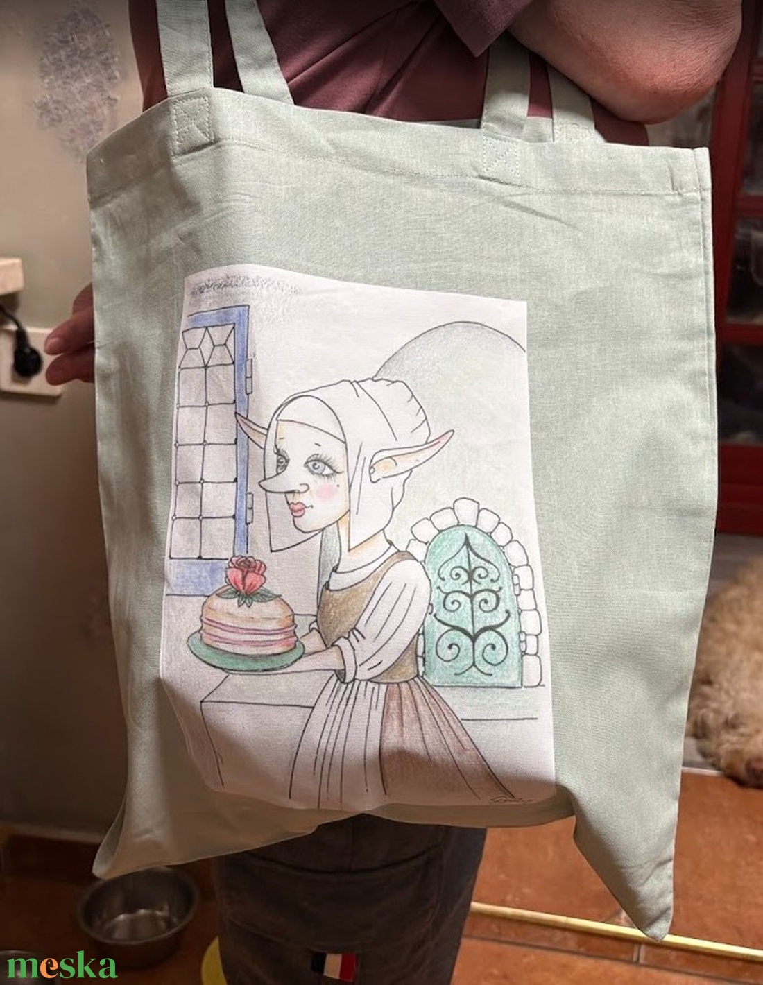 Khaki vászonszatyor németalföldi manólány mintával - táska & tok - bevásárlás & shopper táska - shopper, textiltáska, szatyor - Meska.hu