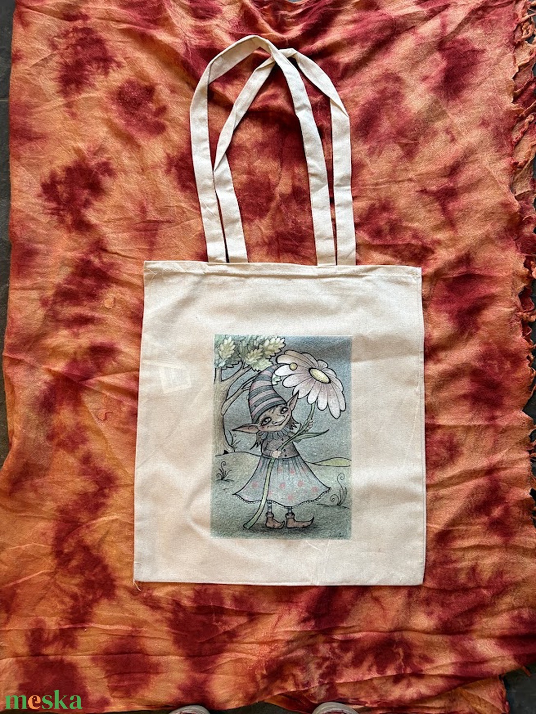 Natúr vászonszatyor tavaszi manólány mintával - táska & tok - bevásárlás & shopper táska - shopper, textiltáska, szatyor - Meska.hu