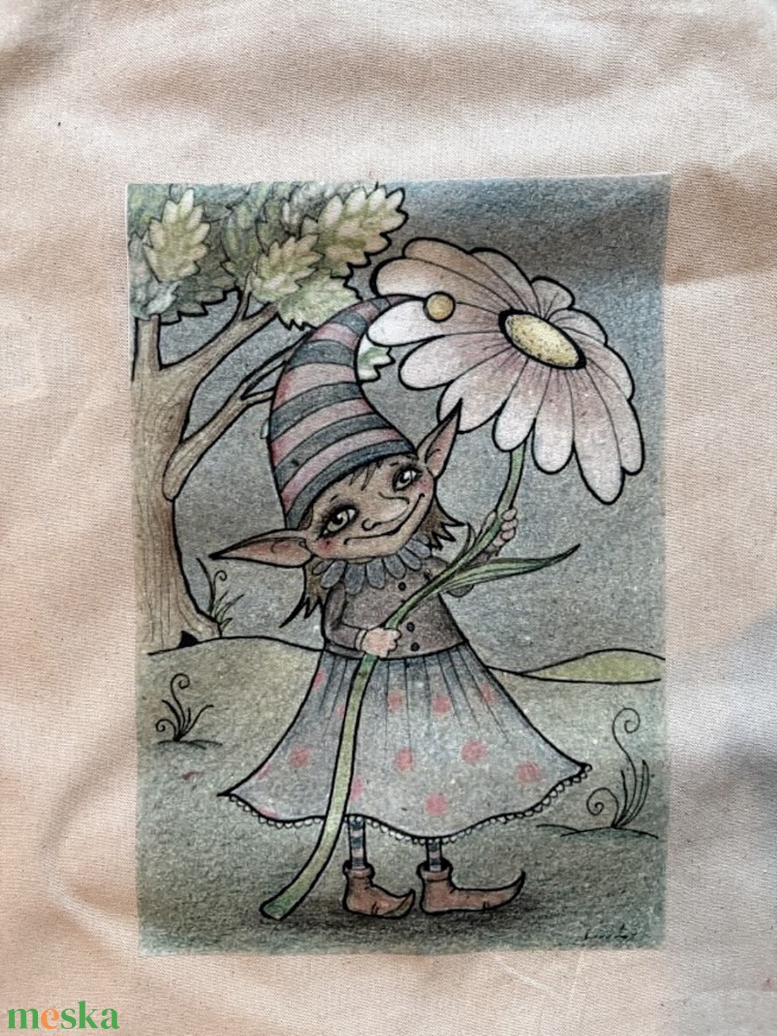 Natúr vászonszatyor tavaszi manólány mintával - táska & tok - bevásárlás & shopper táska - shopper, textiltáska, szatyor - Meska.hu