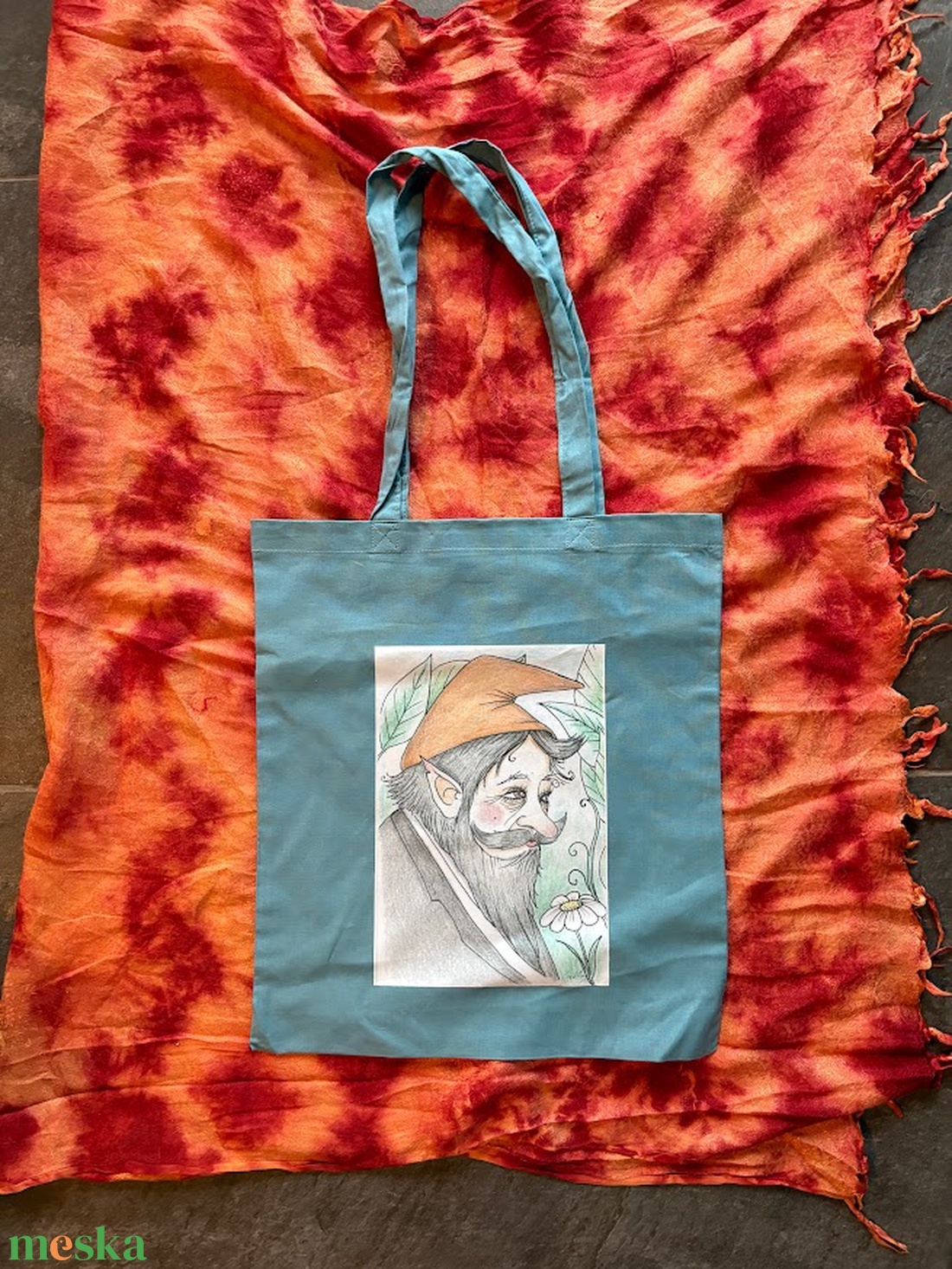 Zöldeskék vászonszatyor törpe apó mintával - táska & tok - bevásárlás & shopper táska - shopper, textiltáska, szatyor - Meska.hu