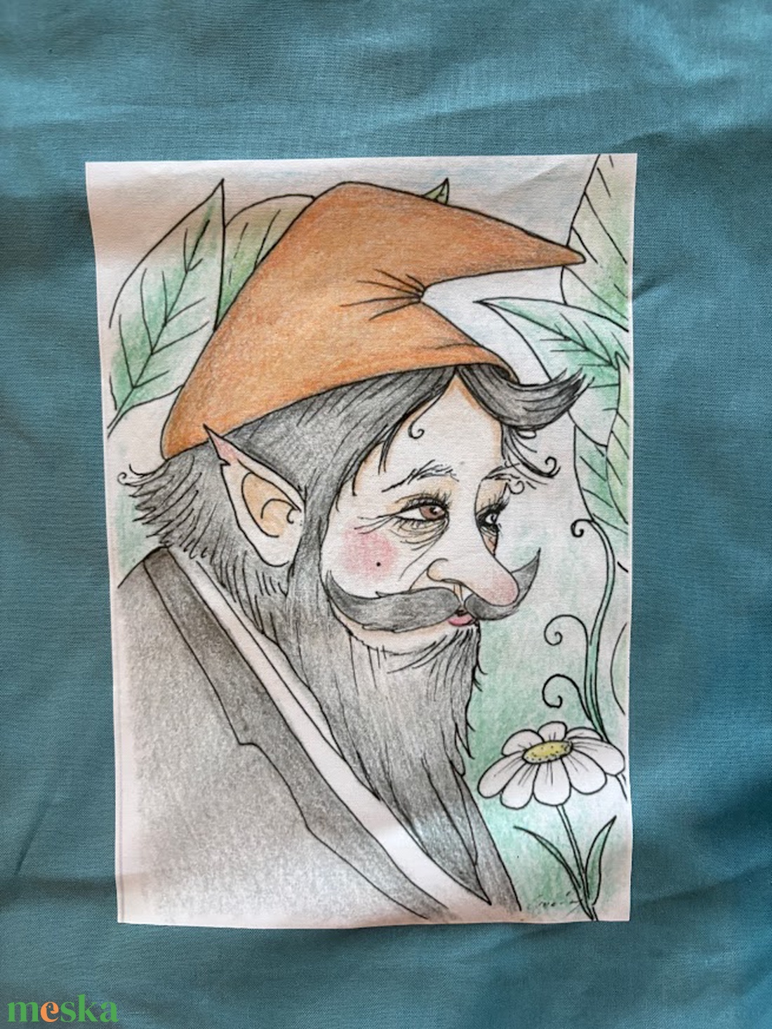 Zöldeskék vászonszatyor törpe apó mintával - táska & tok - bevásárlás & shopper táska - shopper, textiltáska, szatyor - Meska.hu