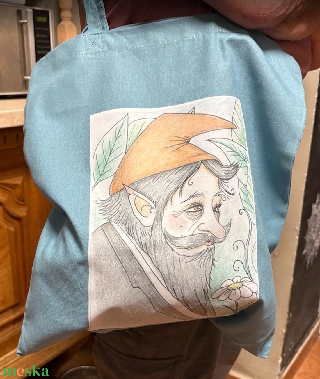 Zöldeskék vászonszatyor törpe apó mintával - táska & tok - bevásárlás & shopper táska - shopper, textiltáska, szatyor - Meska.hu