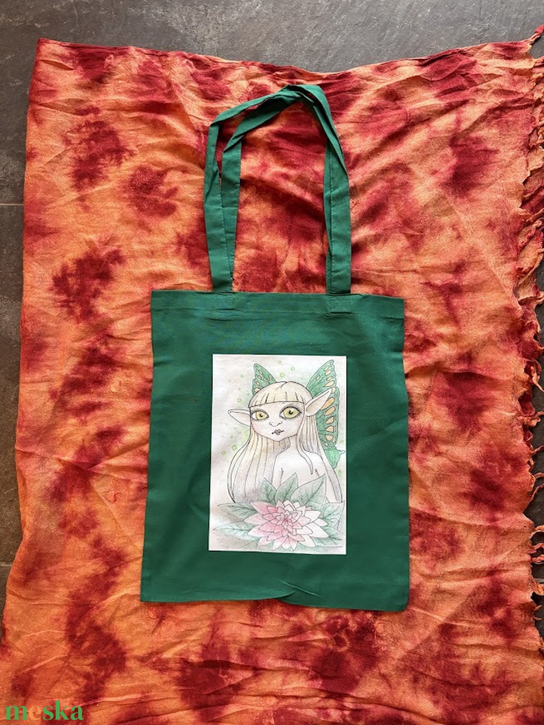 Sötétzöld vászonszatyor tündér mintával - táska & tok - bevásárlás & shopper táska - shopper, textiltáska, szatyor - Meska.hu