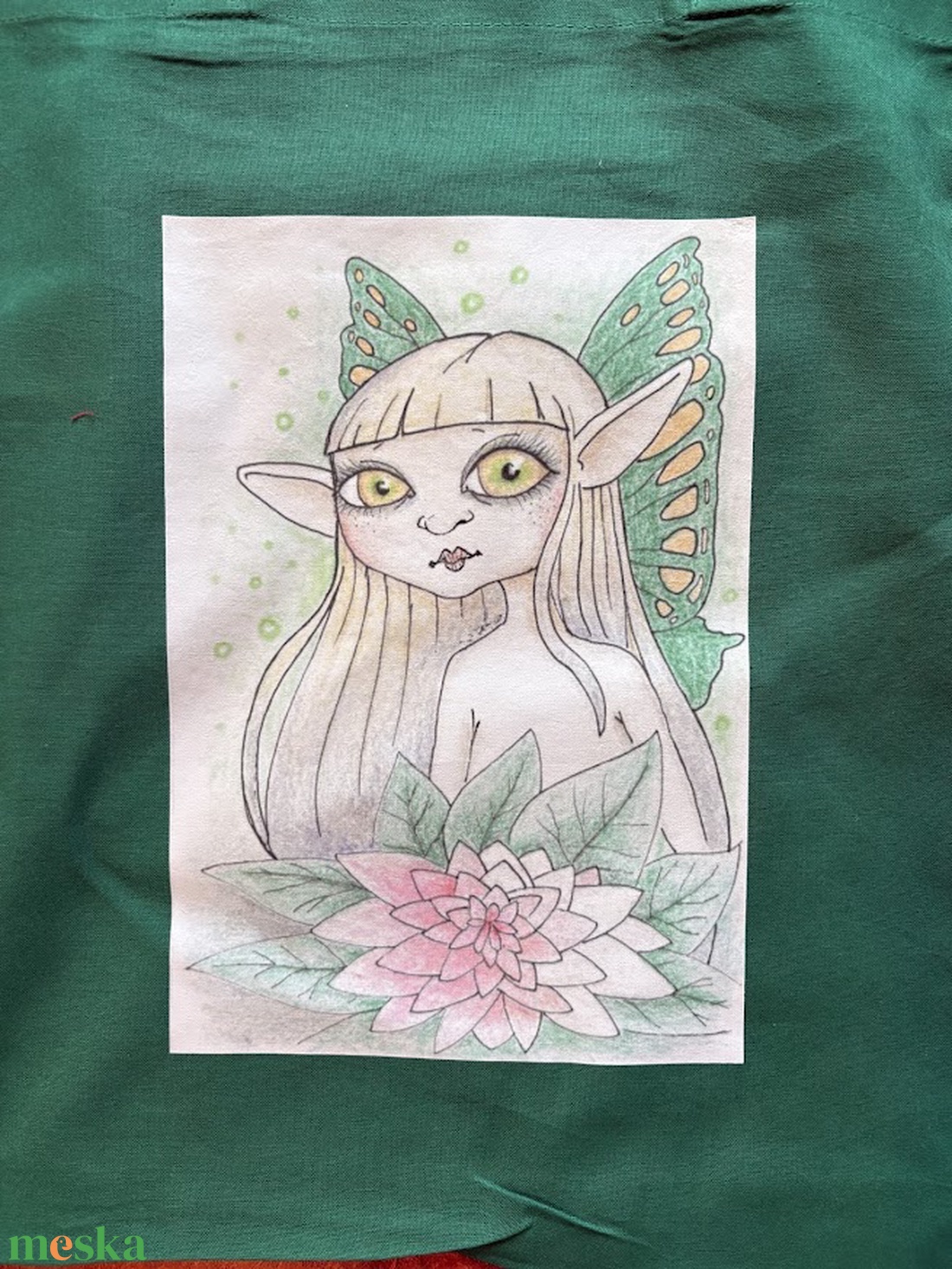 Sötétzöld vászonszatyor tündér mintával - táska & tok - bevásárlás & shopper táska - shopper, textiltáska, szatyor - Meska.hu