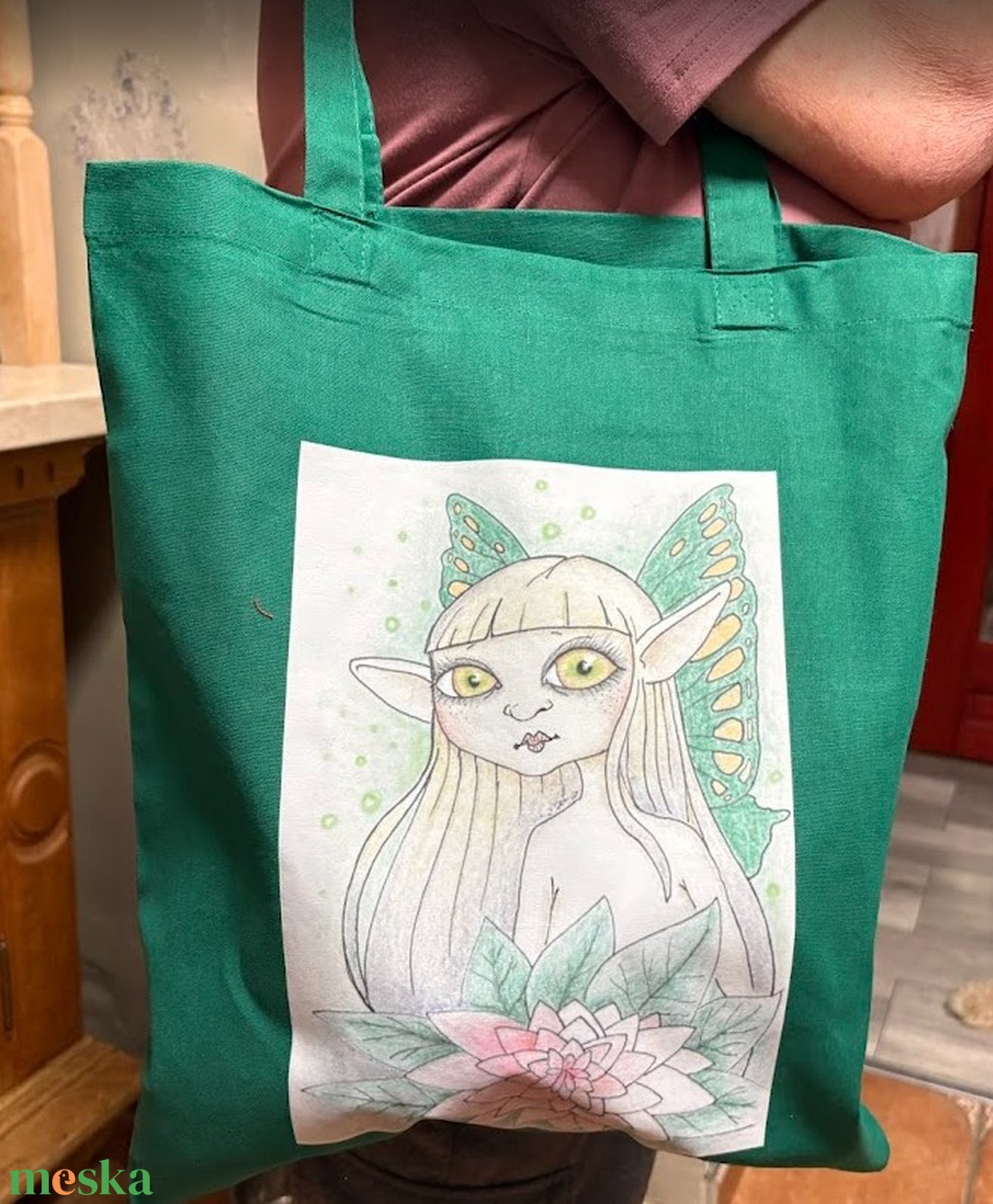 Sötétzöld vászonszatyor tündér mintával - táska & tok - bevásárlás & shopper táska - shopper, textiltáska, szatyor - Meska.hu