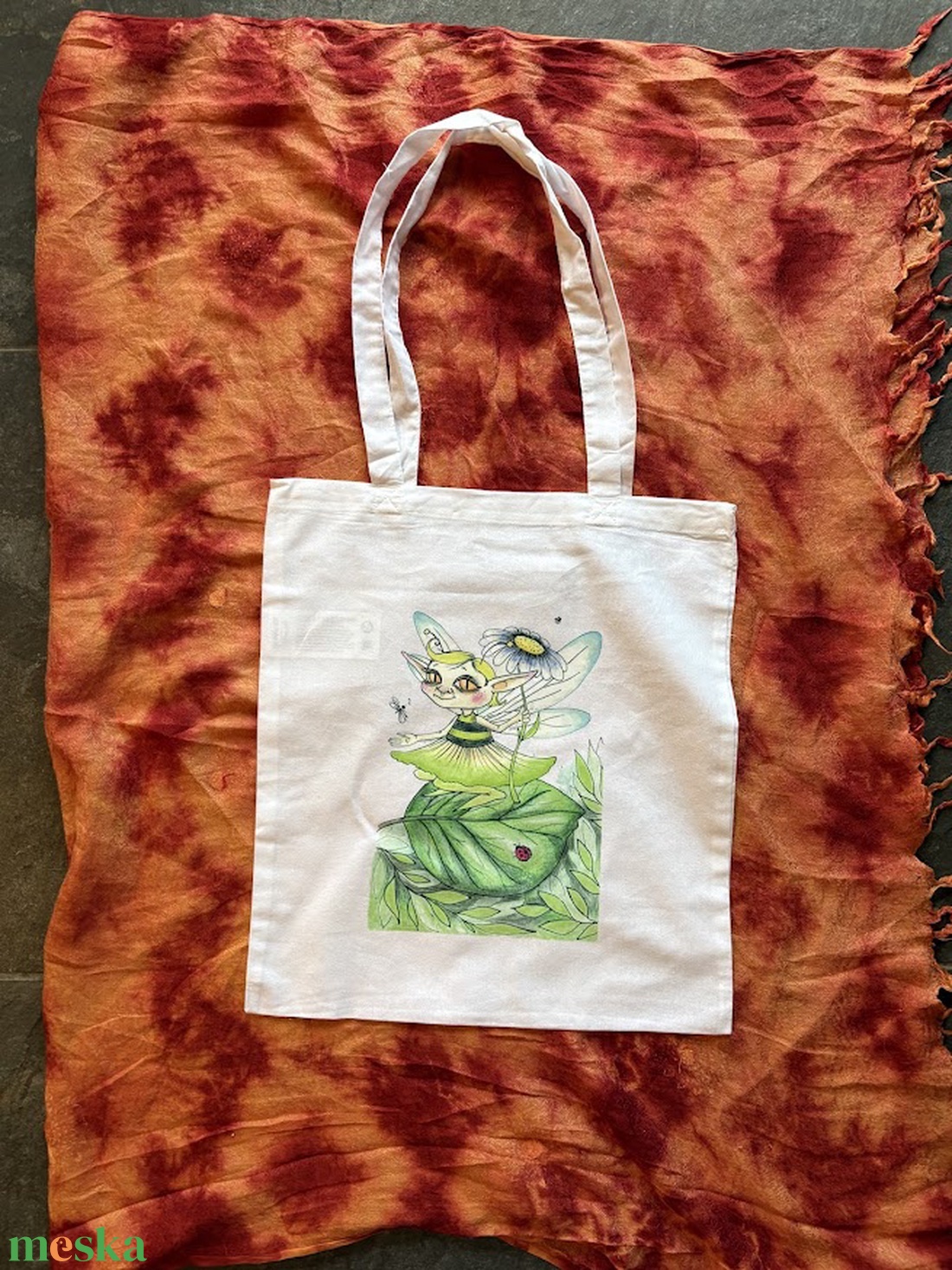 Fehér vászonszatyor zöldtündér mintával - táska & tok - bevásárlás & shopper táska - shopper, textiltáska, szatyor - Meska.hu