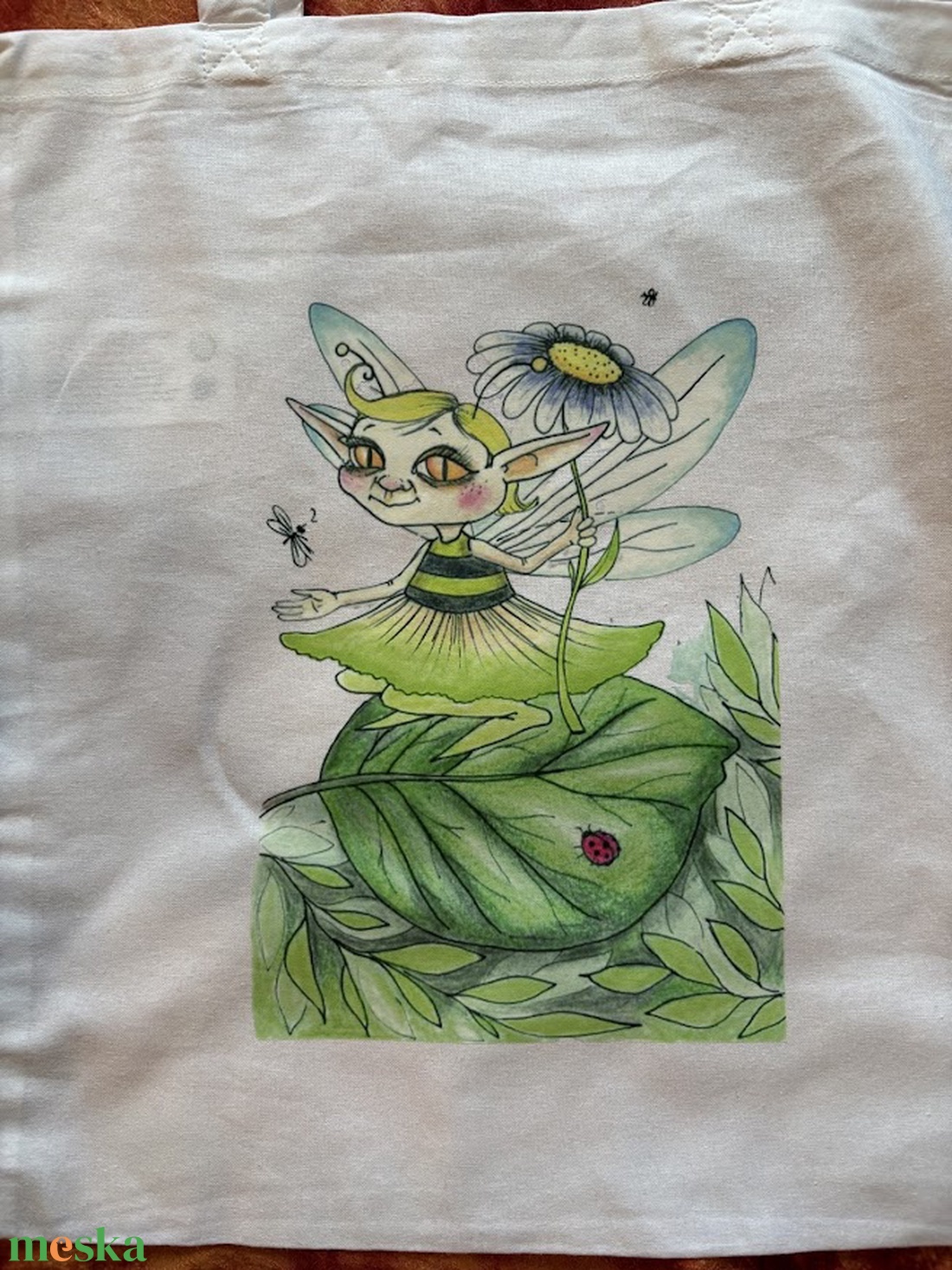 Fehér vászonszatyor zöldtündér mintával - táska & tok - bevásárlás & shopper táska - shopper, textiltáska, szatyor - Meska.hu