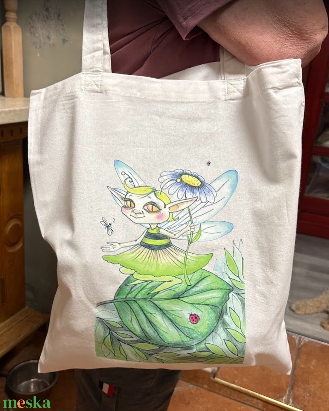 Fehér vászonszatyor zöldtündér mintával - táska & tok - bevásárlás & shopper táska - shopper, textiltáska, szatyor - Meska.hu