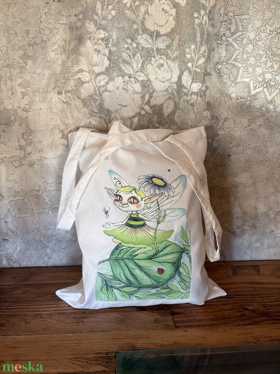 Fehér vászonszatyor zöldtündér mintával - táska & tok - bevásárlás & shopper táska - shopper, textiltáska, szatyor - Meska.hu