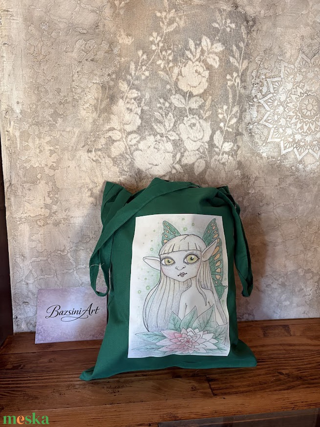 Sötétzöld vászonszatyor tündér mintával - táska & tok - bevásárlás & shopper táska - shopper, textiltáska, szatyor - Meska.hu