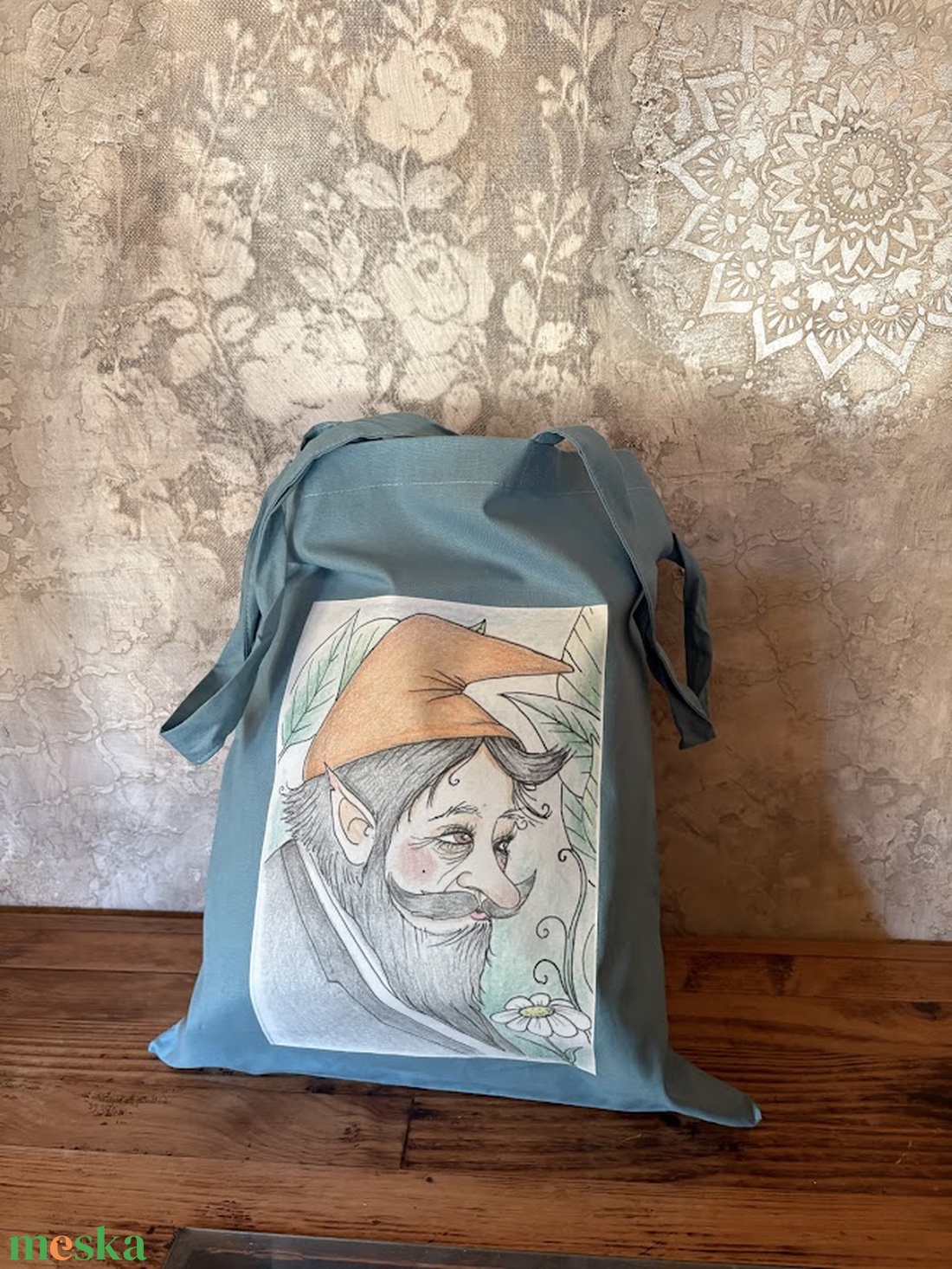 Zöldeskék vászonszatyor törpe apó mintával - táska & tok - bevásárlás & shopper táska - shopper, textiltáska, szatyor - Meska.hu