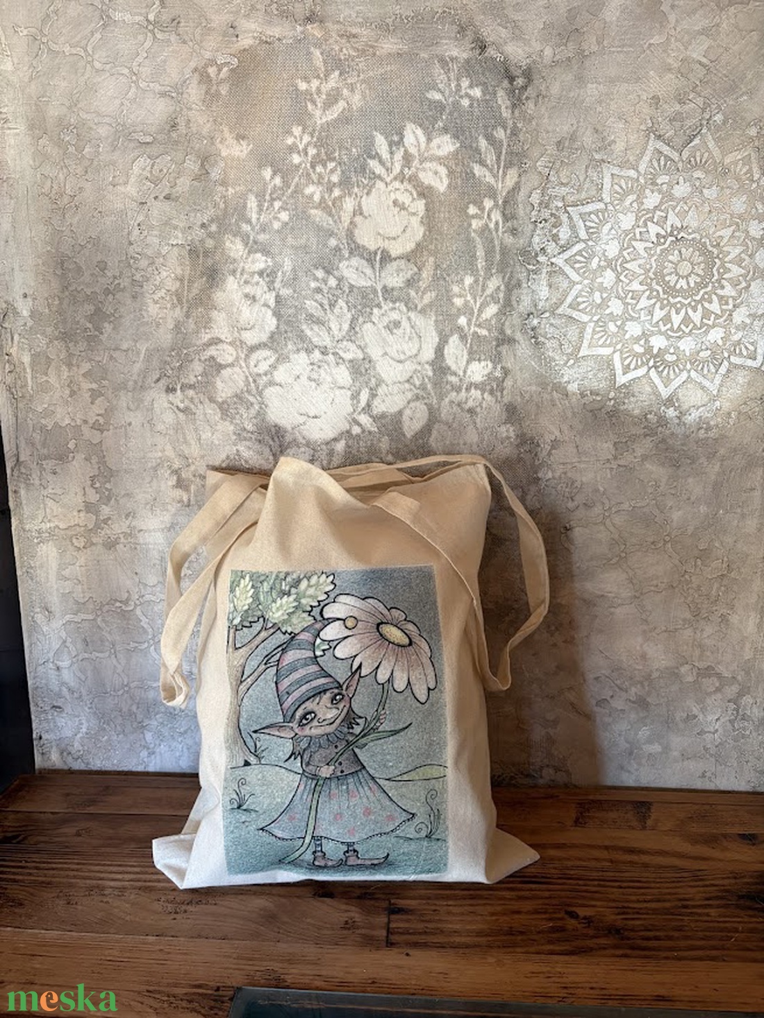 Natúr vászonszatyor tavaszi manólány mintával - táska & tok - bevásárlás & shopper táska - shopper, textiltáska, szatyor - Meska.hu