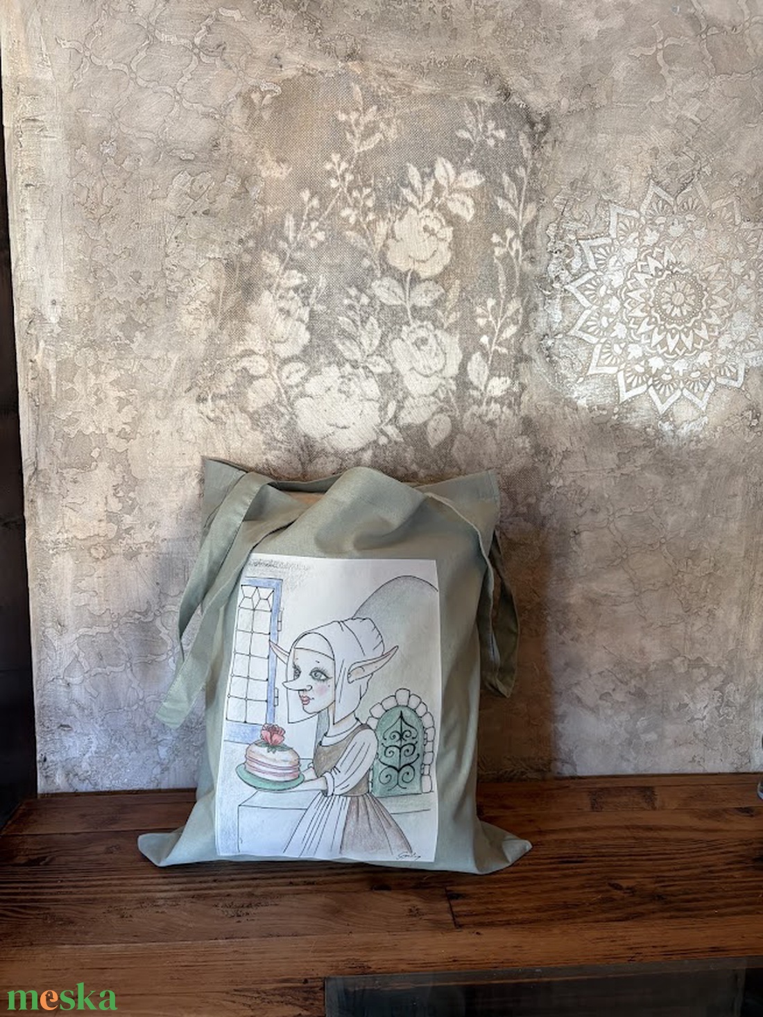 Khaki vászonszatyor németalföldi manólány mintával - táska & tok - bevásárlás & shopper táska - shopper, textiltáska, szatyor - Meska.hu