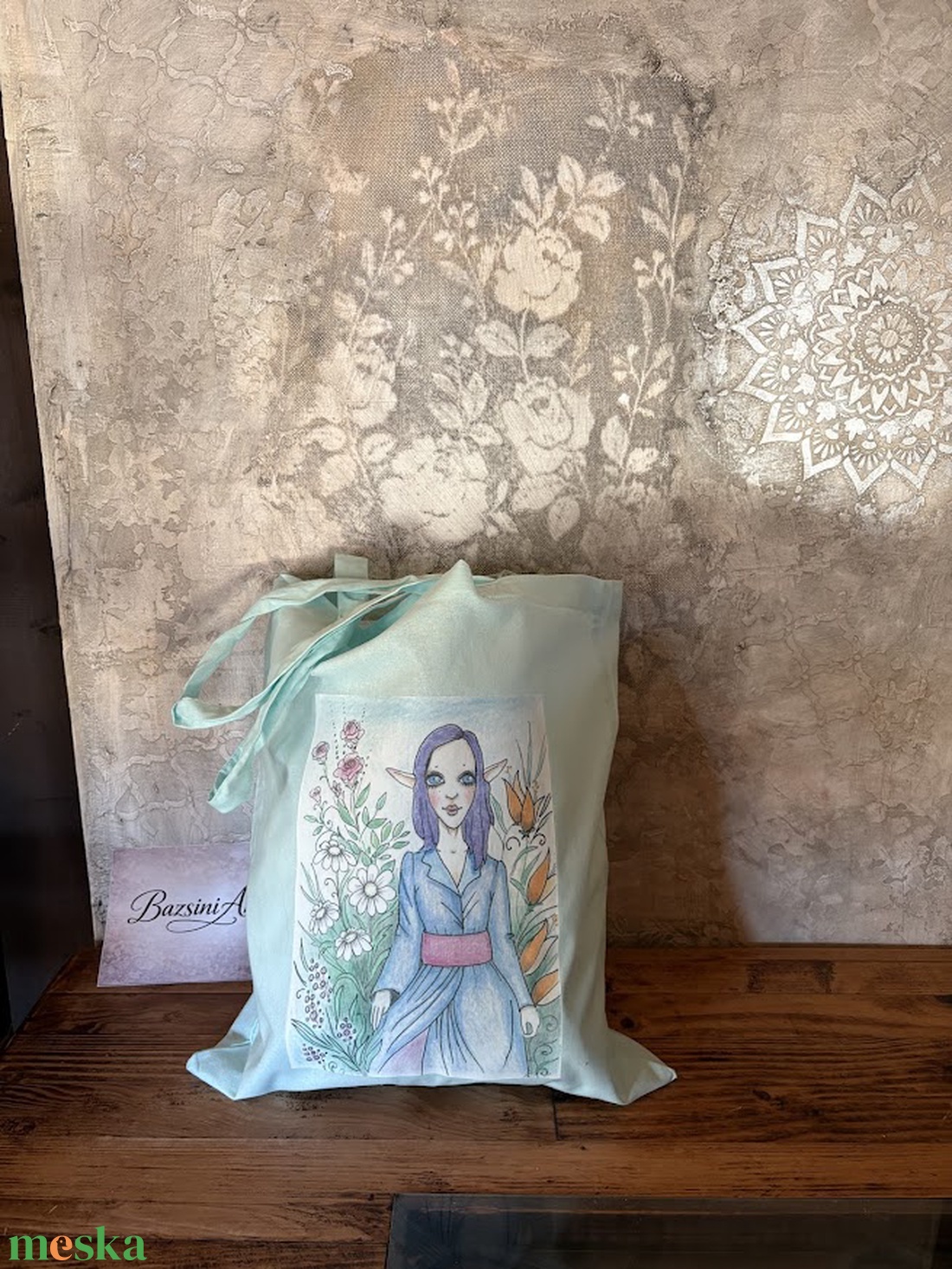 Világoszöld vászonszatyor entlány mintával - táska & tok - bevásárlás & shopper táska - shopper, textiltáska, szatyor - Meska.hu