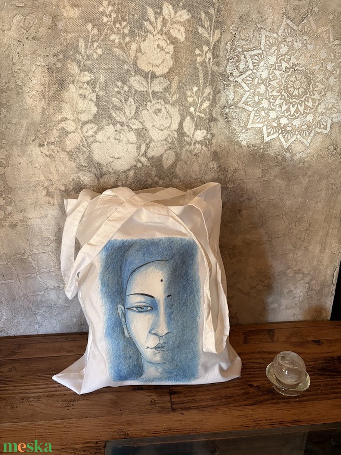 Fehér vászonszatyor kék Buddha mintával - táska & tok - bevásárlás & shopper táska - shopper, textiltáska, szatyor - Meska.hu