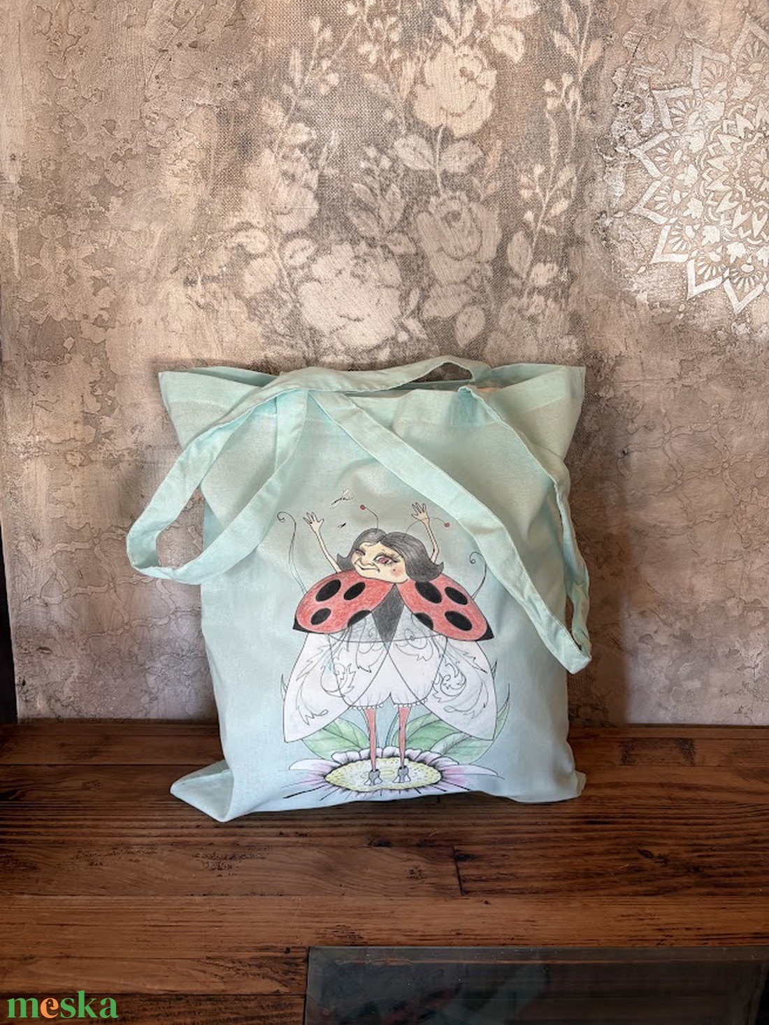 Fehér vászonszatyor katica mintával - táska & tok - bevásárlás & shopper táska - shopper, textiltáska, szatyor - Meska.hu