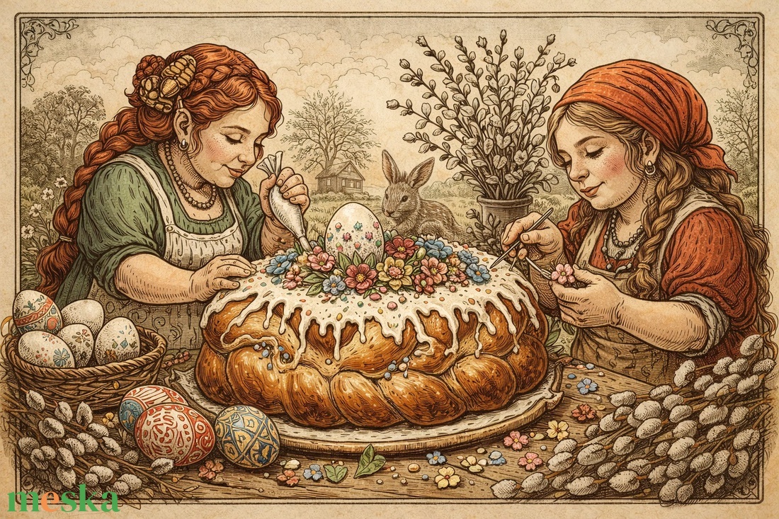 Képeslap - törpe asszonyok húsvéti kalácsot készítenek - ünnepi díszek, dekorációk - húsvéti díszek és dekorációk - húsvéti képeslapok - Meska.hu