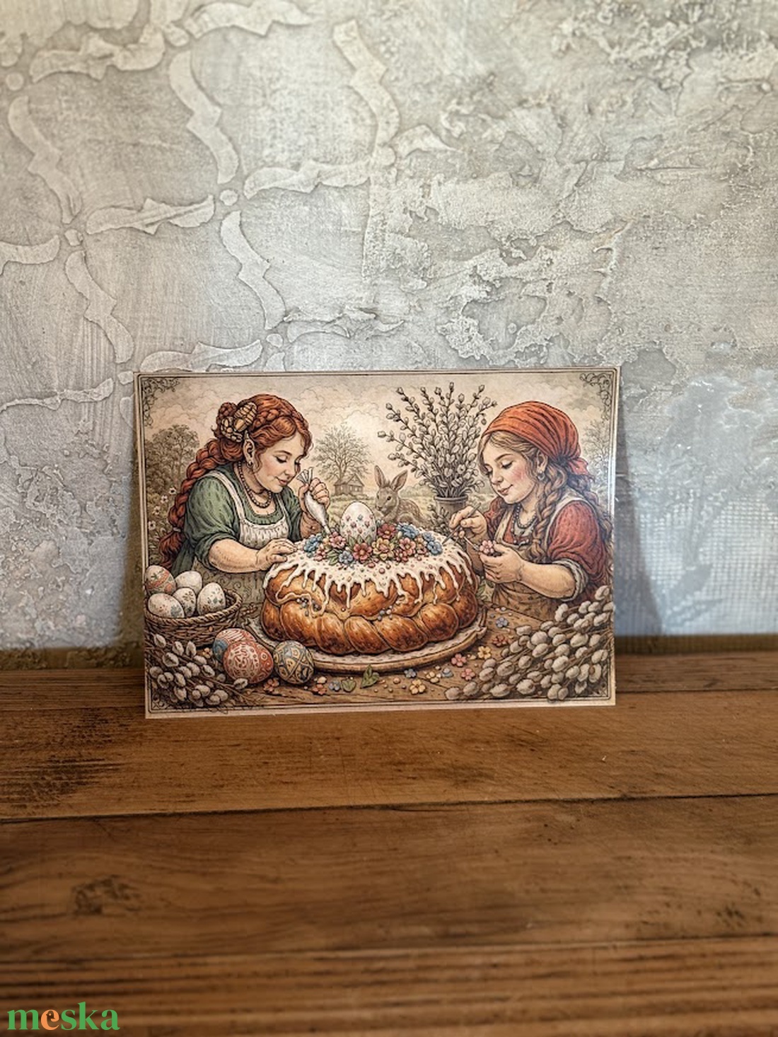 Képeslap - törpe asszonyok húsvéti kalácsot készítenek - ünnepi díszek, dekorációk - húsvéti díszek és dekorációk - húsvéti képeslapok - Meska.hu