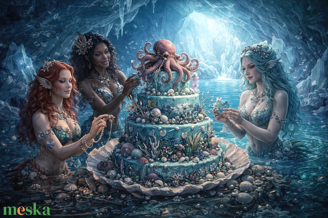 Képeslap - sellők tenger gyümölcsei tortával - otthon & életmód - papír, írószer - ajándékozás kellékei - képeslap, üdvözlőlap - Meska.hu