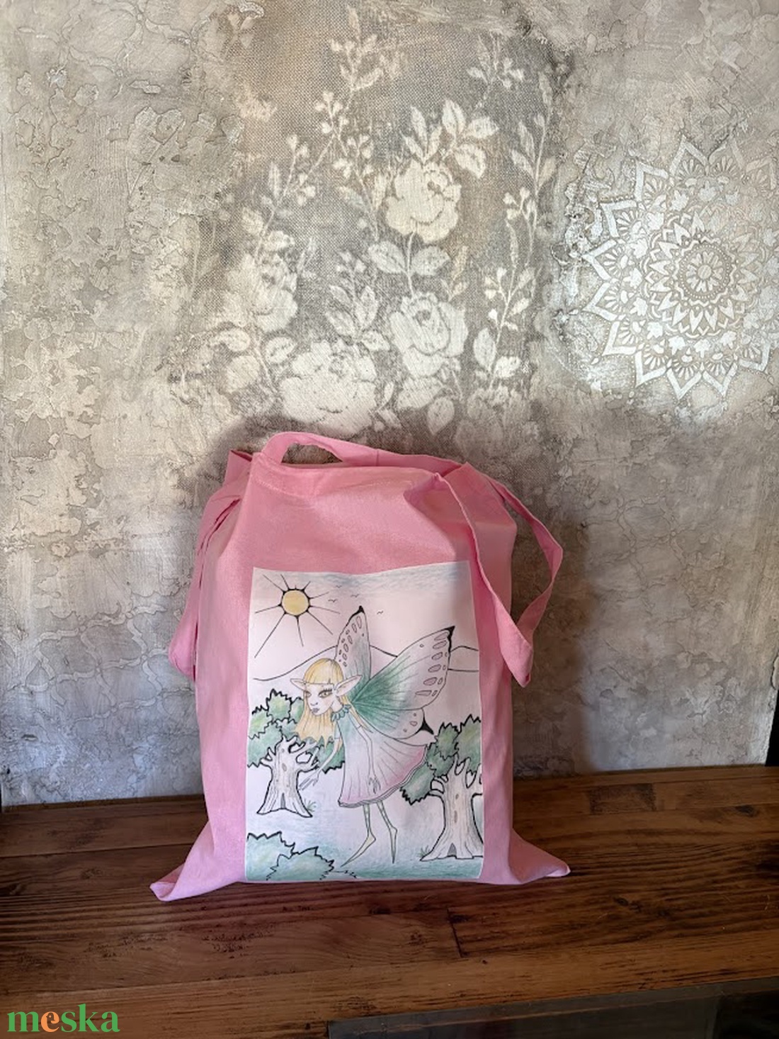 Rózsaszín vászonszatyor tündér grafikával - táska & tok - bevásárlás & shopper táska - shopper, textiltáska, szatyor - Meska.hu