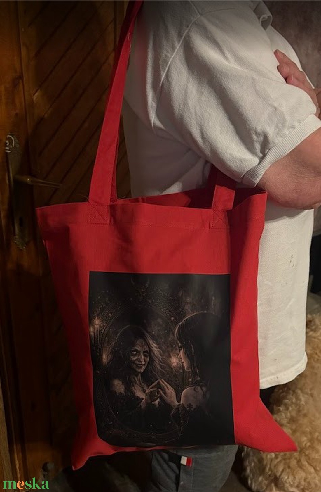 Piros vászonszatyor boszorkánytükör mintával - táska & tok - bevásárlás & shopper táska - shopper, textiltáska, szatyor - Meska.hu