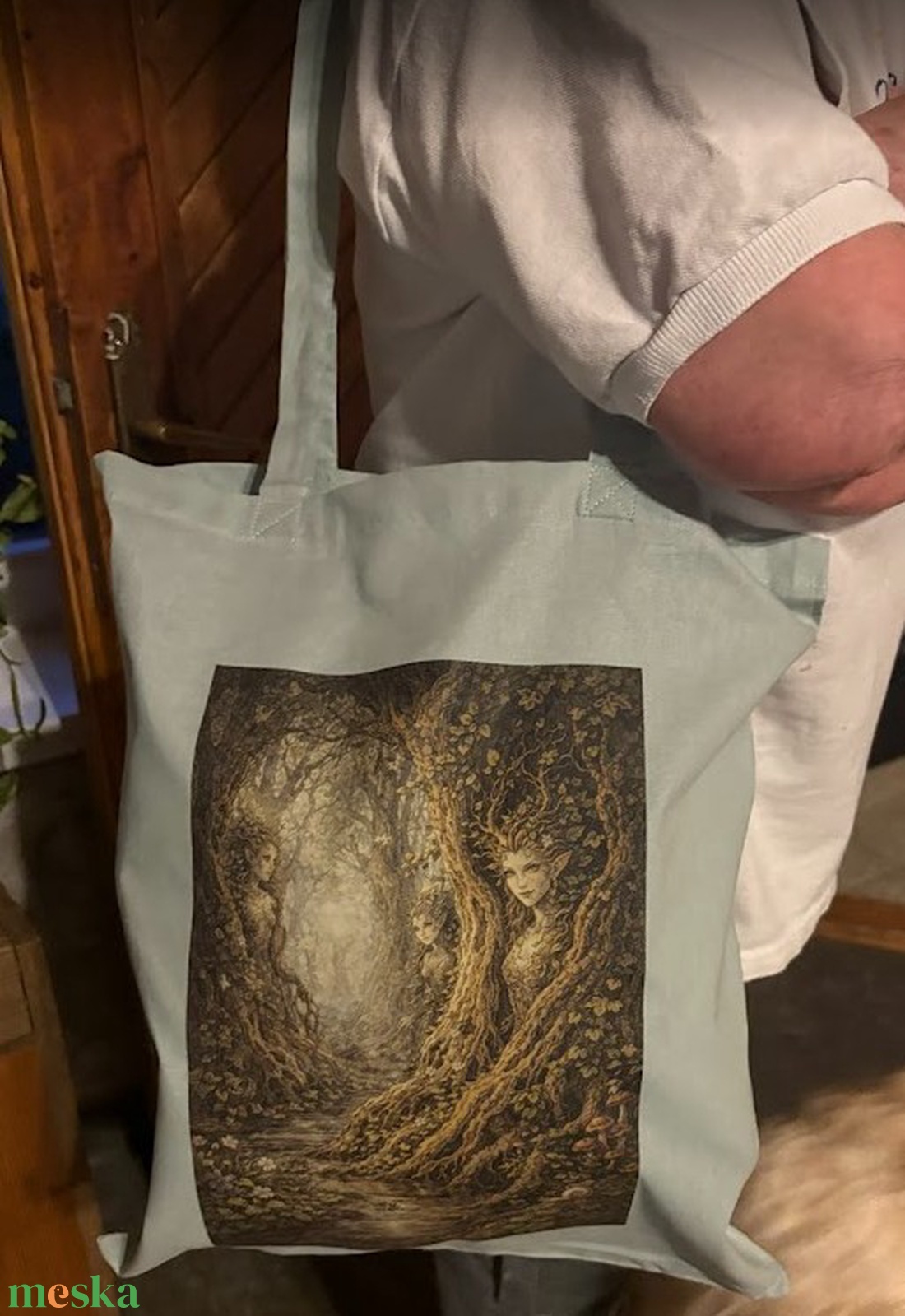 Világoszöld vászonszatyor driád mintával - táska & tok - bevásárlás & shopper táska - shopper, textiltáska, szatyor - Meska.hu