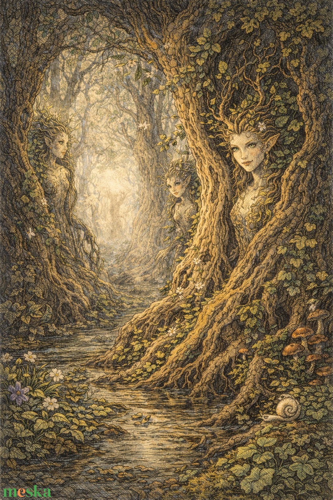 Világoszöld vászonszatyor driád mintával - táska & tok - bevásárlás & shopper táska - shopper, textiltáska, szatyor - Meska.hu