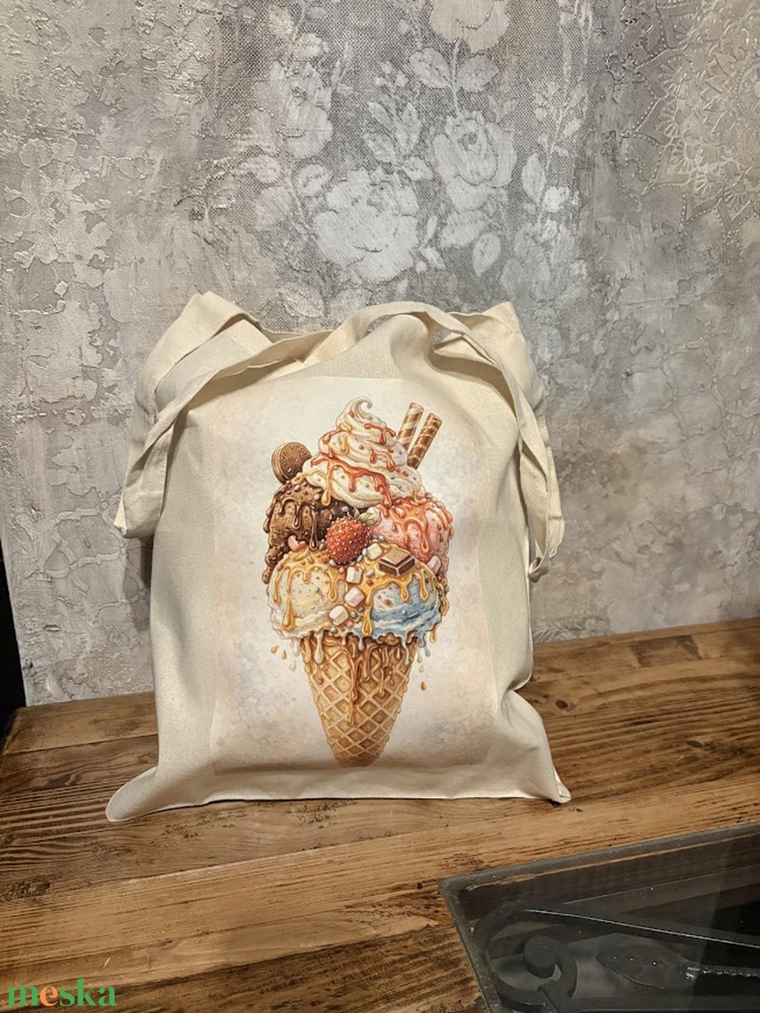 Natúr vászonszatyor fagyi mintával - táska & tok - bevásárlás & shopper táska - shopper, textiltáska, szatyor - Meska.hu