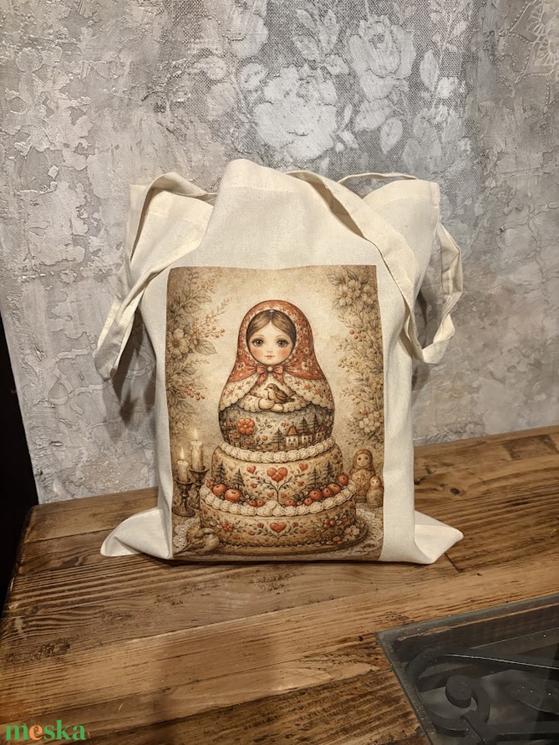 Natúr vászonszatyor Matrjoska baba torta mintával - táska & tok - bevásárlás & shopper táska - shopper, textiltáska, szatyor - Meska.hu