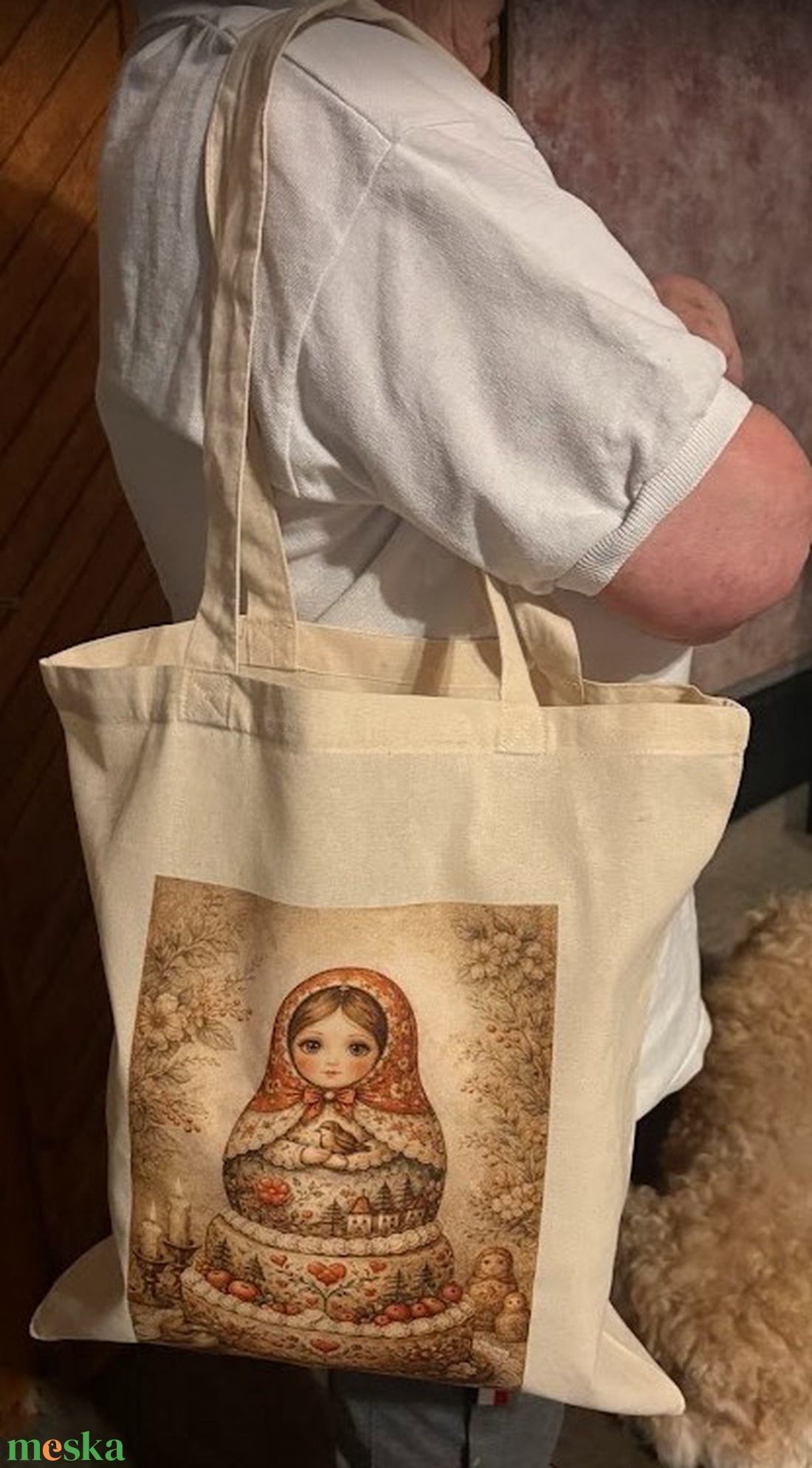 Natúr vászonszatyor Matrjoska baba torta mintával - táska & tok - bevásárlás & shopper táska - shopper, textiltáska, szatyor - Meska.hu