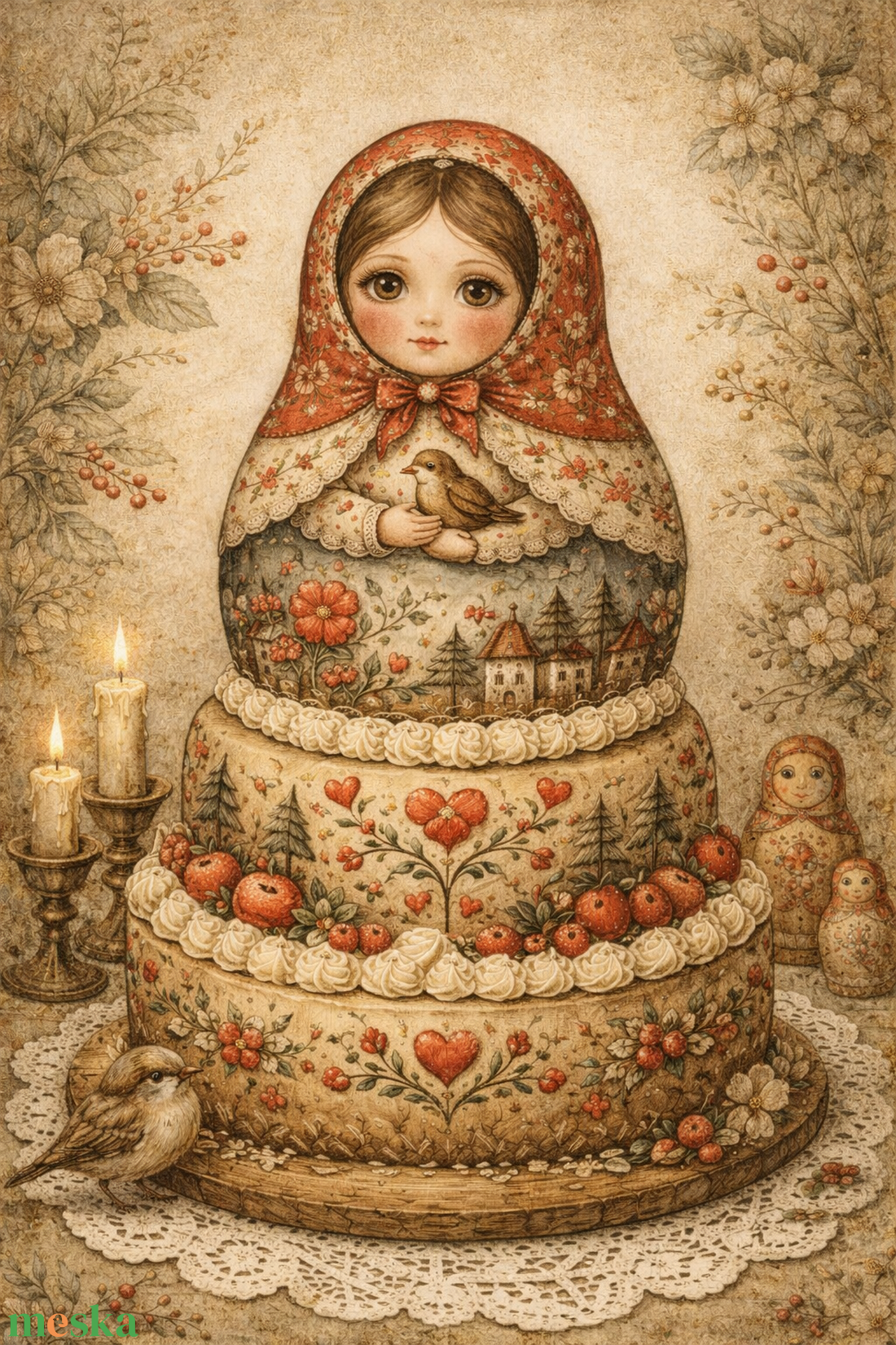 Natúr vászonszatyor Matrjoska baba torta mintával - táska & tok - bevásárlás & shopper táska - shopper, textiltáska, szatyor - Meska.hu