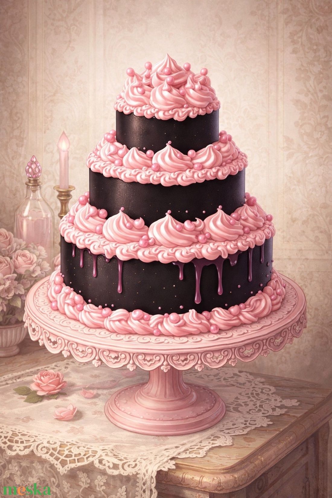 Fekete vászonszatyor torta mintával - táska & tok - bevásárlás & shopper táska - shopper, textiltáska, szatyor - Meska.hu