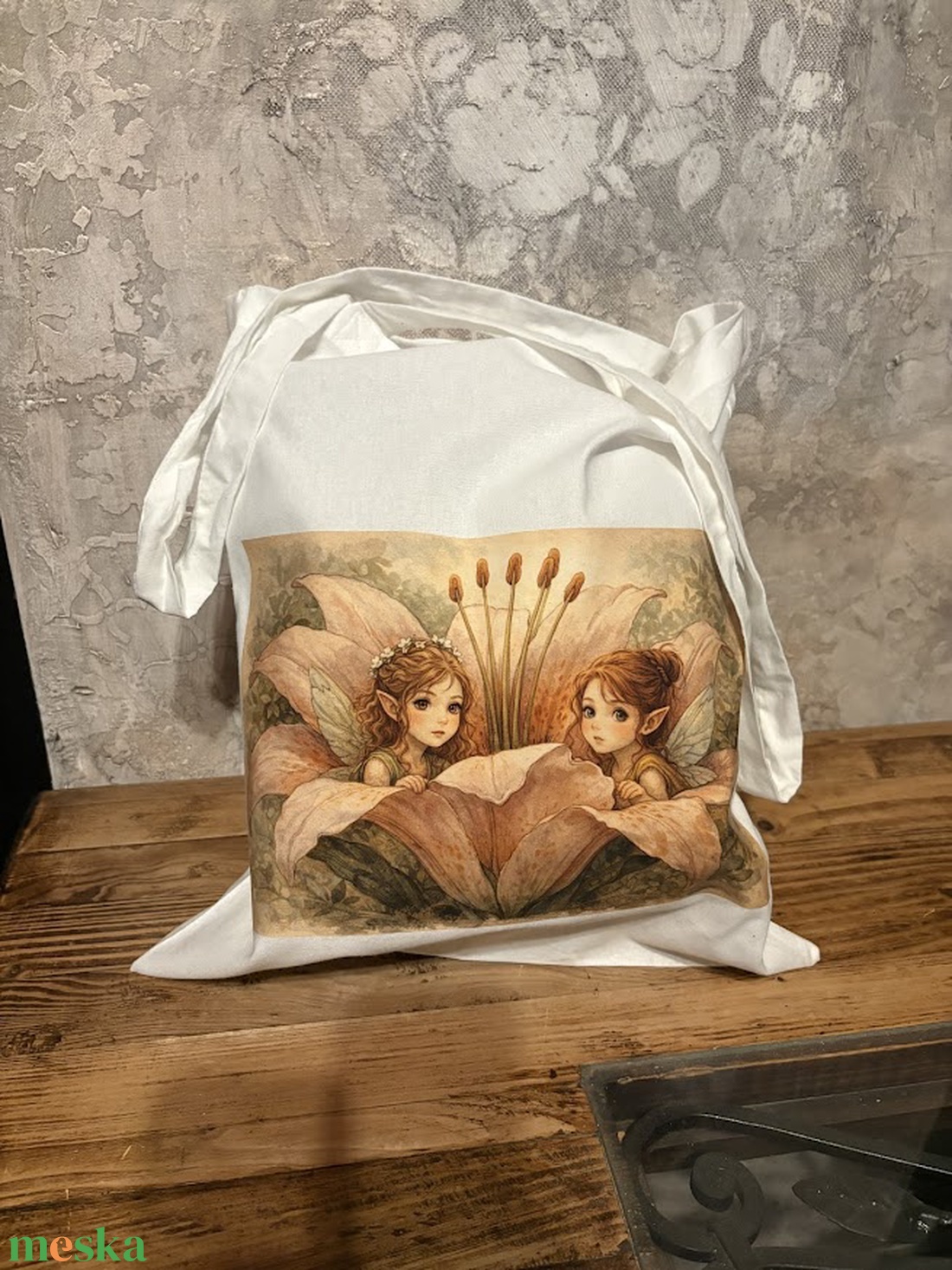 Fehér vászonszatyor kistündérek a virágban mintával - táska & tok - bevásárlás & shopper táska - shopper, textiltáska, szatyor - Meska.hu
