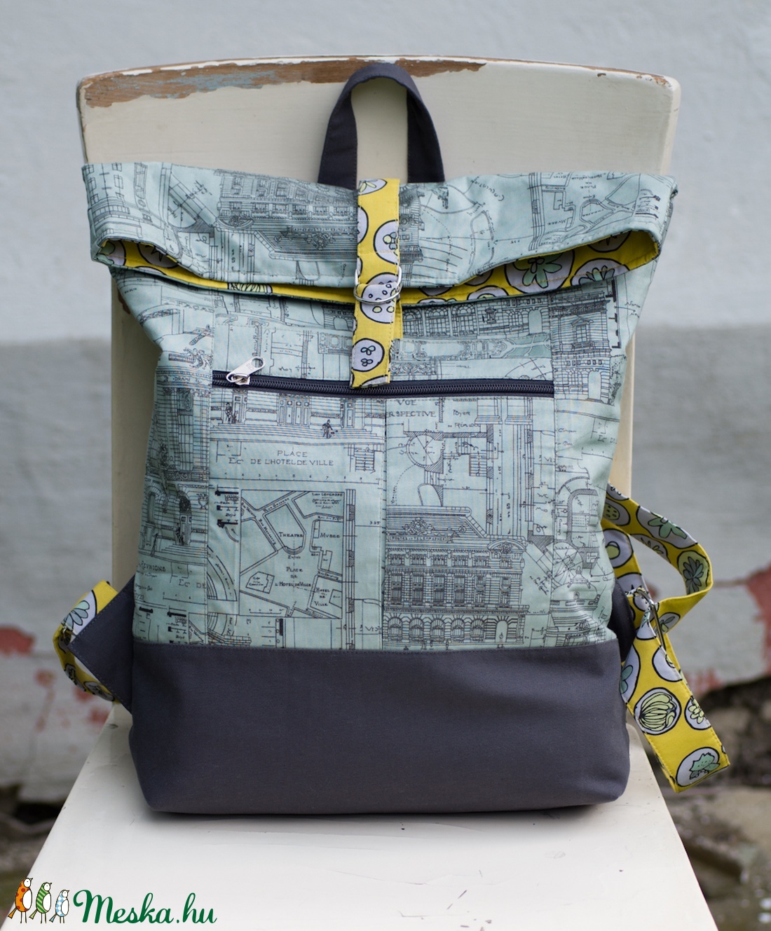 AKCIÓ!!! Modern hátizsák - Visszahajtott tetejű (szürkéskék-sárga) -  - Meska.hu