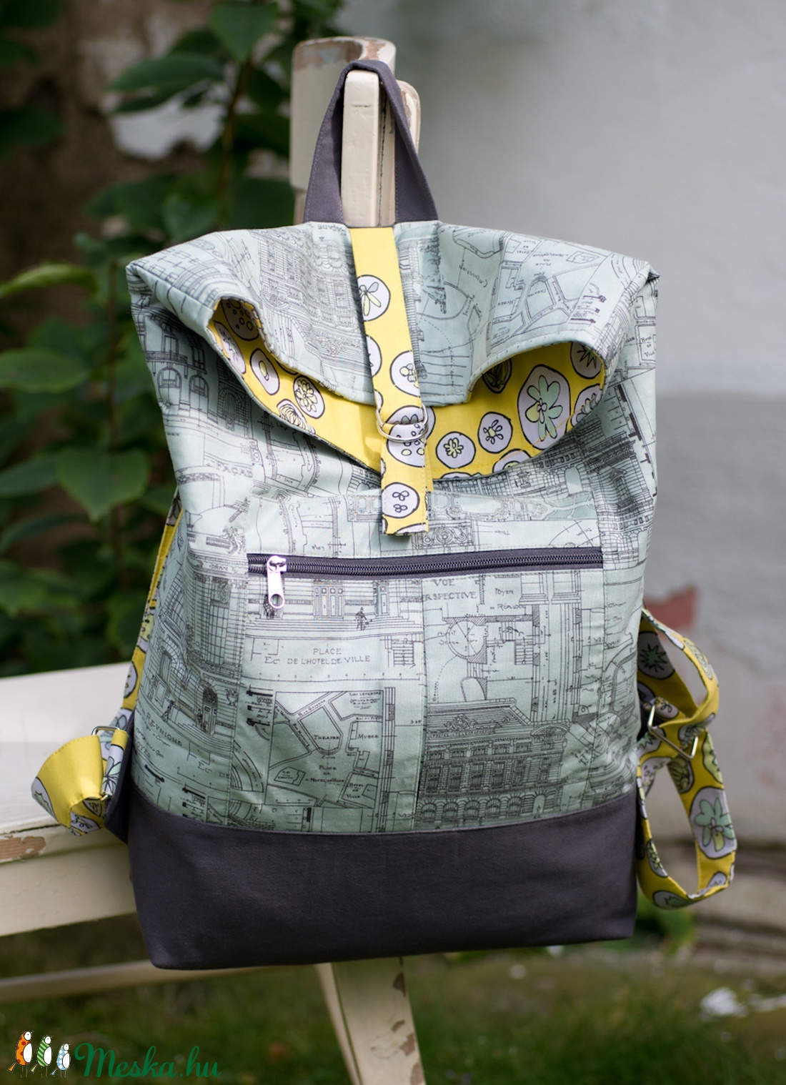 AKCIÓ!!! Modern hátizsák - Visszahajtott tetejű (szürkéskék-sárga) -  - Meska.hu
