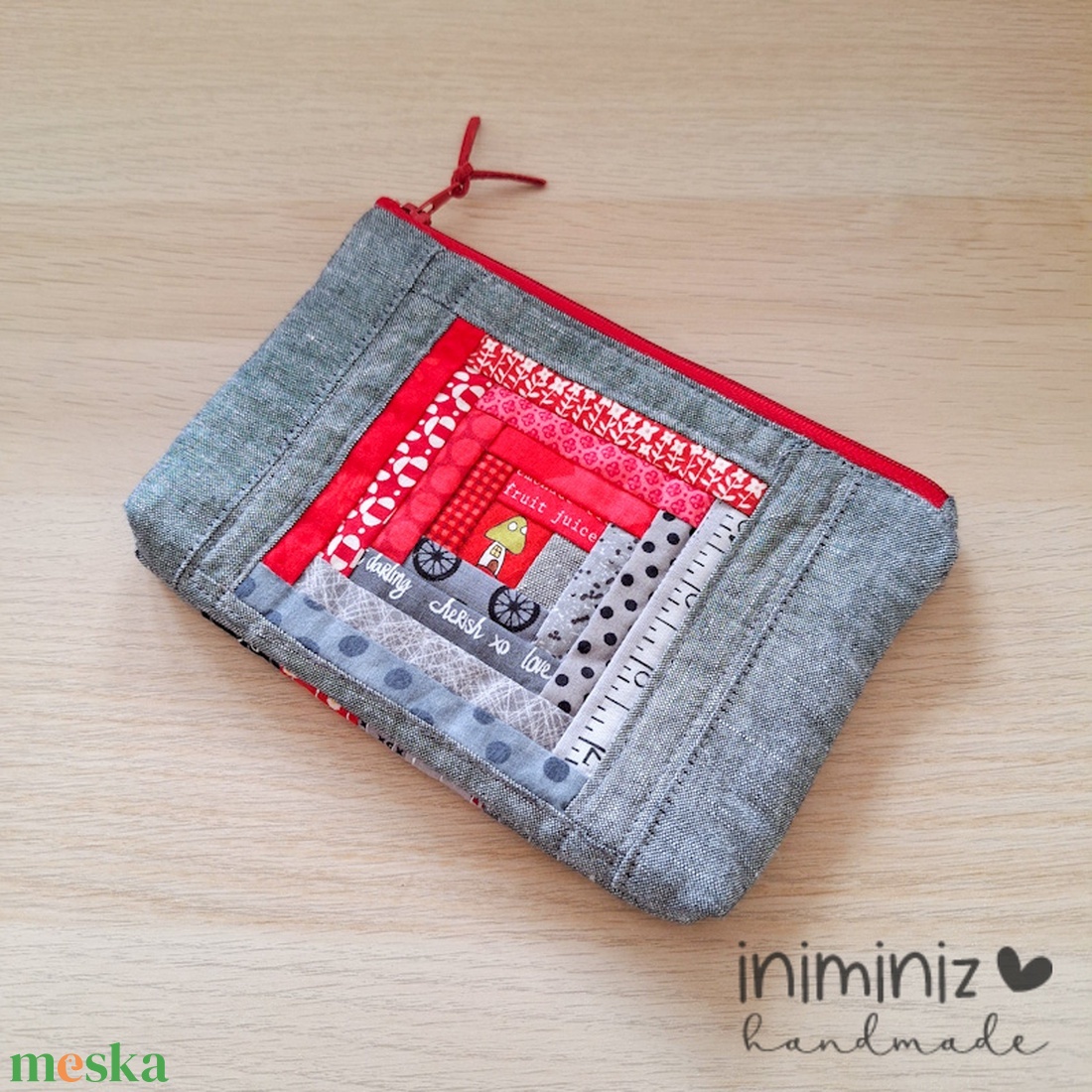 Patchwork neszesszer, cipzáros tok, tartó - Piros-szürke log cabin - táska & tok - neszesszer - Meska.hu