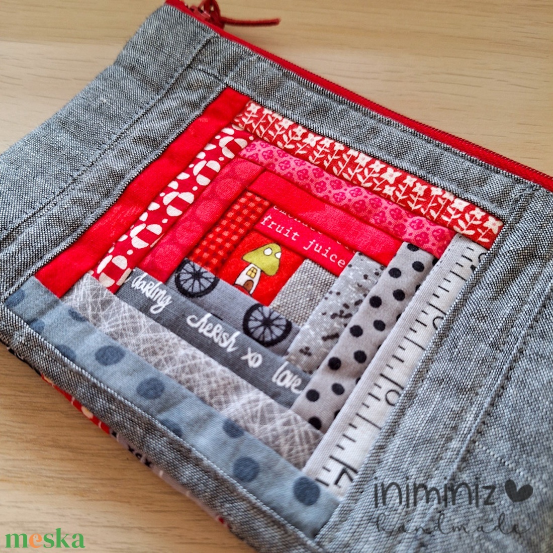 Patchwork neszesszer, cipzáros tok, tartó - Piros-szürke log cabin - táska & tok - neszesszer - Meska.hu